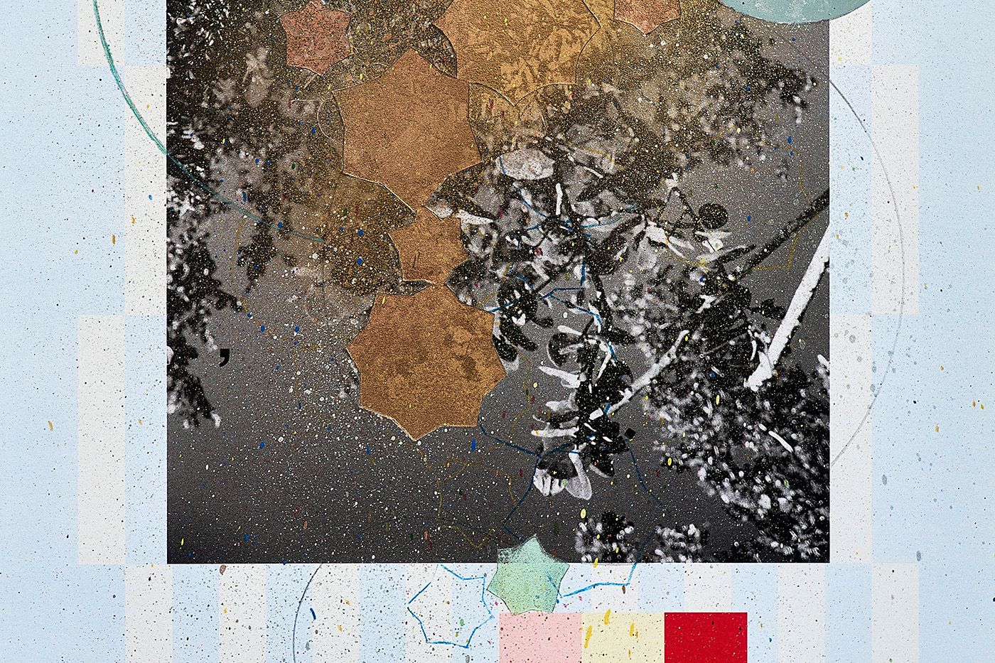 Detail of Adler Guerrier, “Untitled (Field Guide–exposure to enchanted forms)”, 2022-2023. Graphite, colored pencil, cut vinyl, enamel paint, and collage on a Xerox Versant 80 print on Mohawk Superfine paper. 18.5 x 12 inches. Courtesy: the artist.
