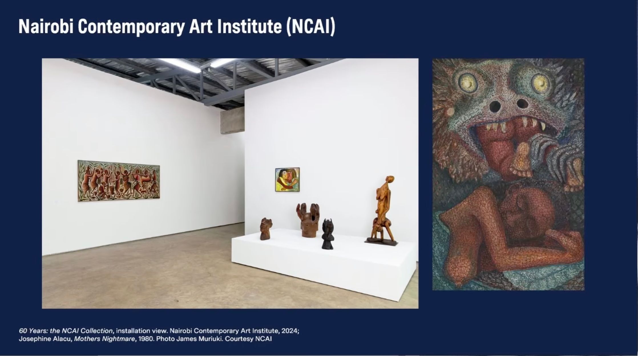 An art exhibit at Nairobi Contemporary Art Institute features paintings and sculptures, with a close-up of Josephine Alacu's painting "Mothers Nightmare" depicting a monstrous figure devouring a human.