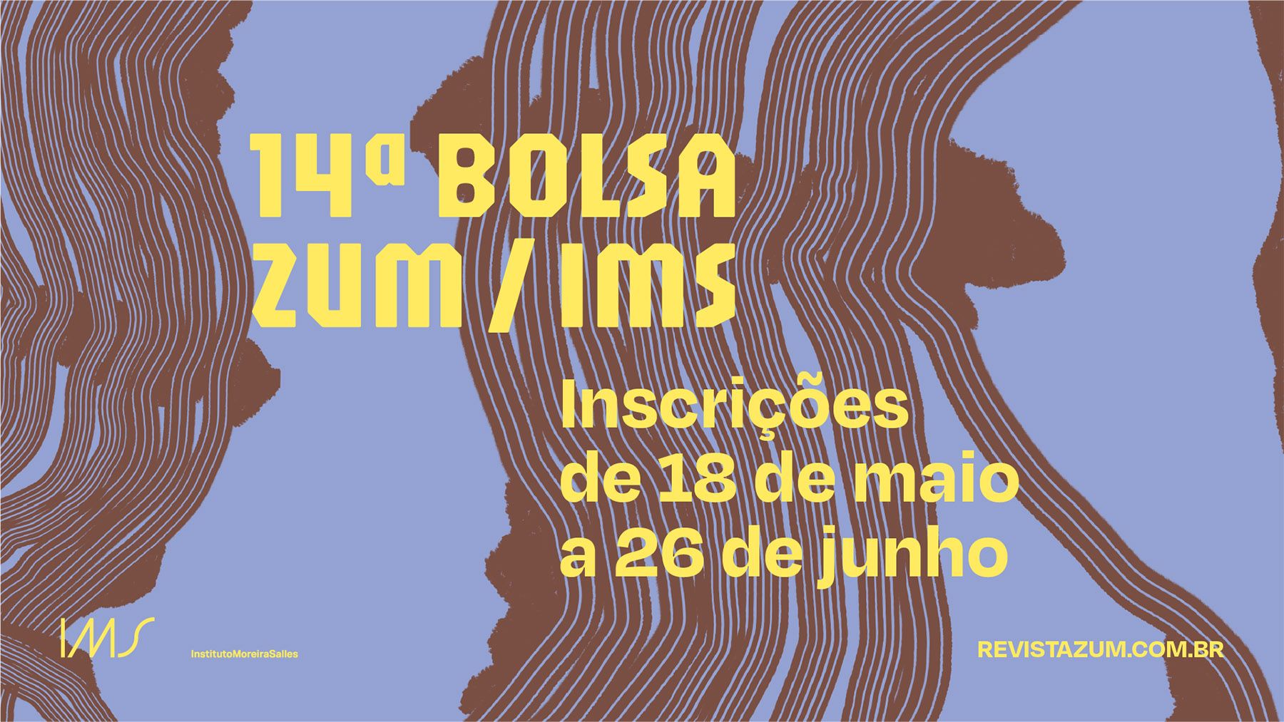 Promotional poster for the 14th ZUM / IMS Scholarship with abstract brown lines on a purple background. Text reads: "Registrations from May 18 to June 26."