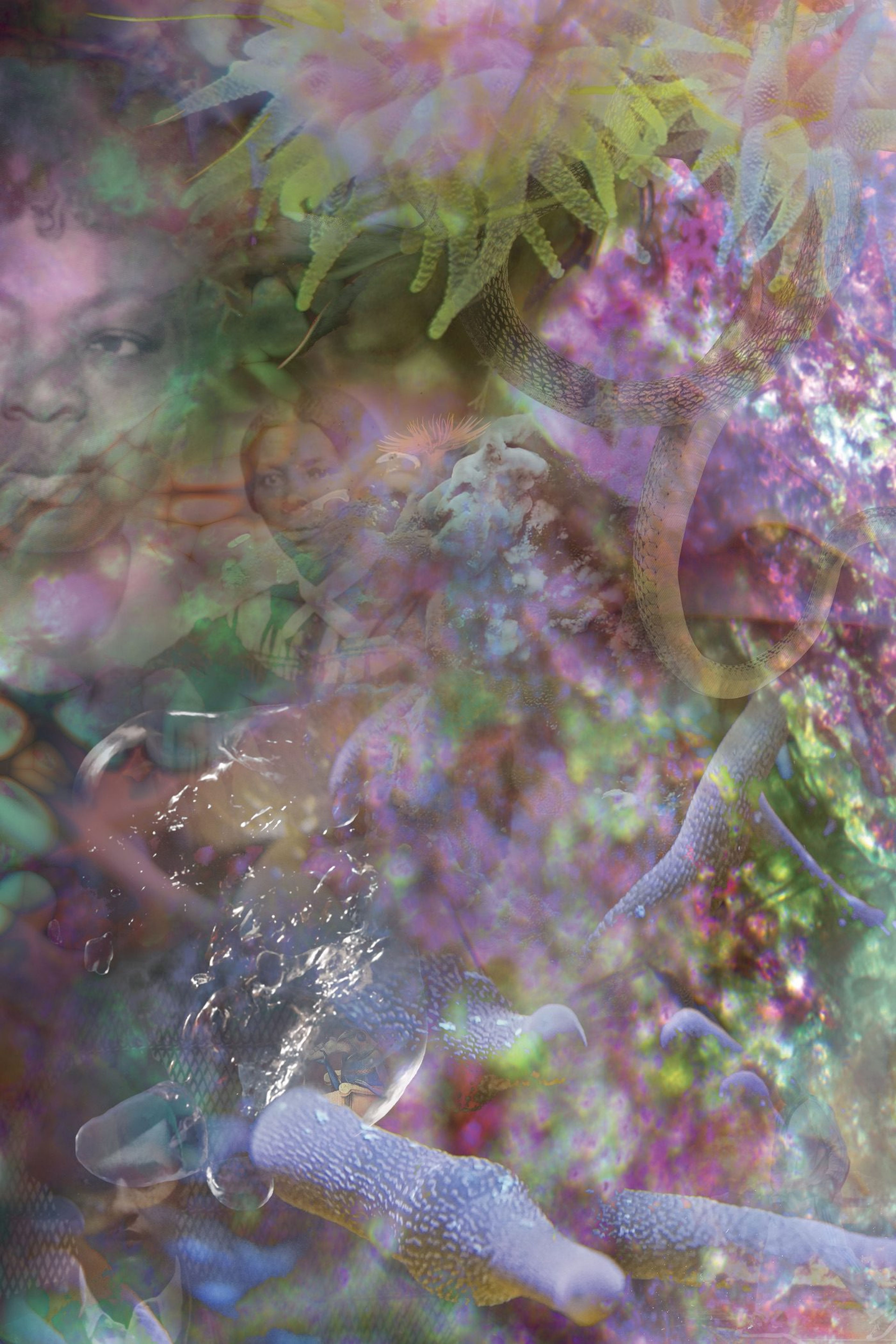 Josèfa Ntjam, Moumiémone, 2021. Photomontage printed on Chromalux by sublimation 120 x 80 cm