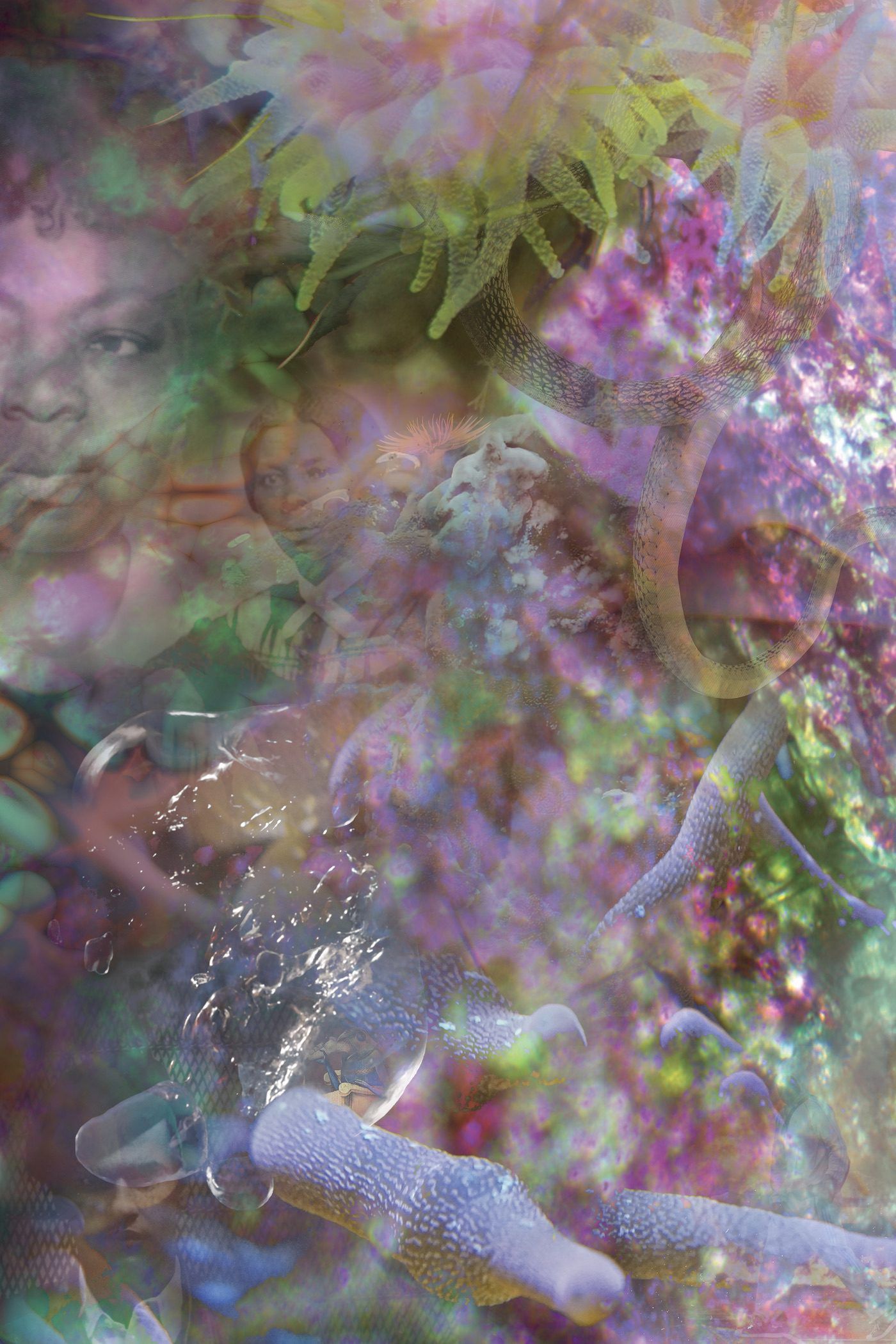 Josèfa Ntjam, Moumiémone, 2021. Photomontage printed on Chromalux by sublimation 120 x 80 cm