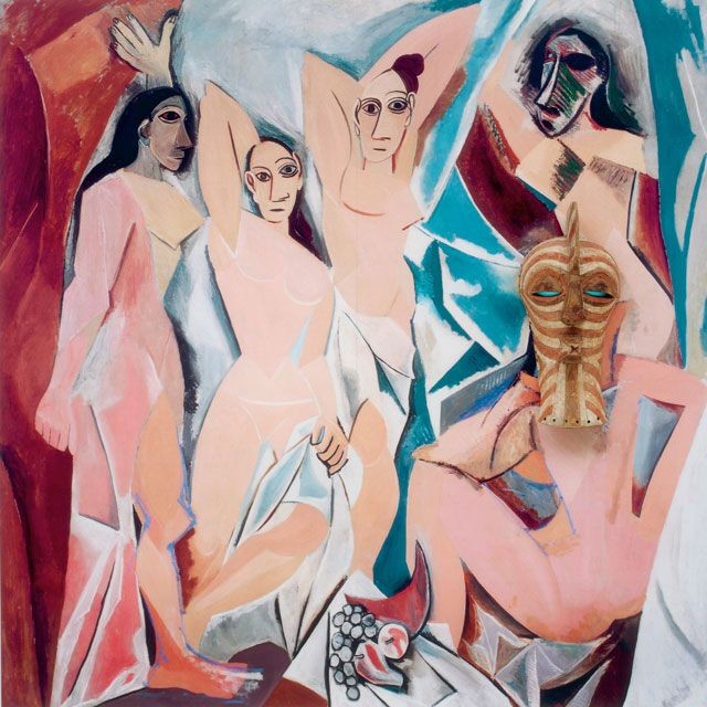 Picasso's proto-Cubist painting of five angular female nudes, some with mask-like faces.
