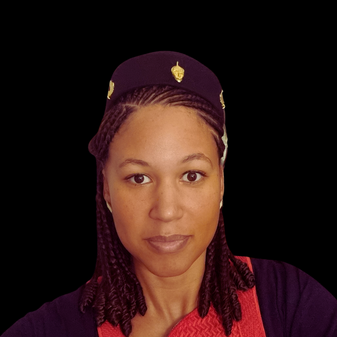 A woman with braided hair wears a dark beret with gold symbols against a black background.