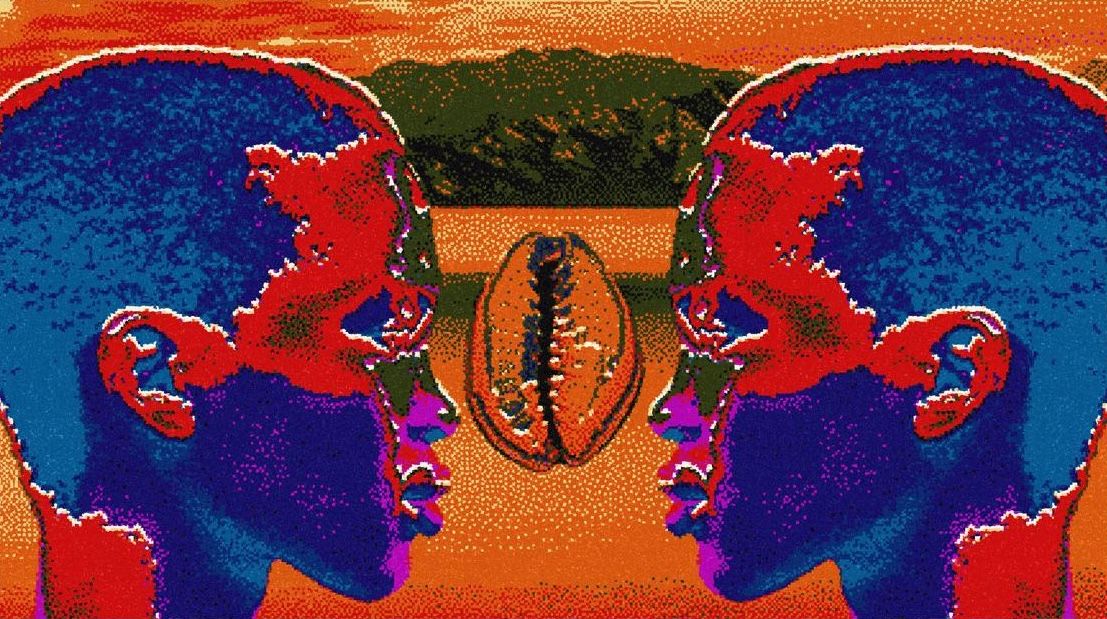 Two vibrant, pixelated profiles, rendered in blue and red, face a cowrie shell against an orange background.