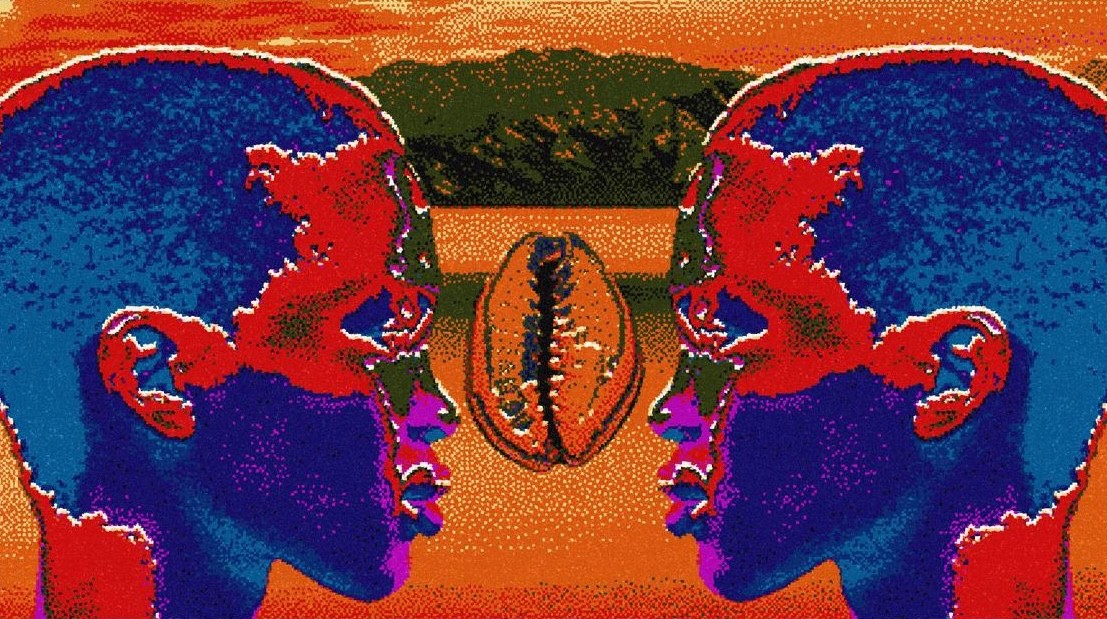 Two vibrant, pixelated profiles, rendered in blue and red, face a cowrie shell against an orange background.