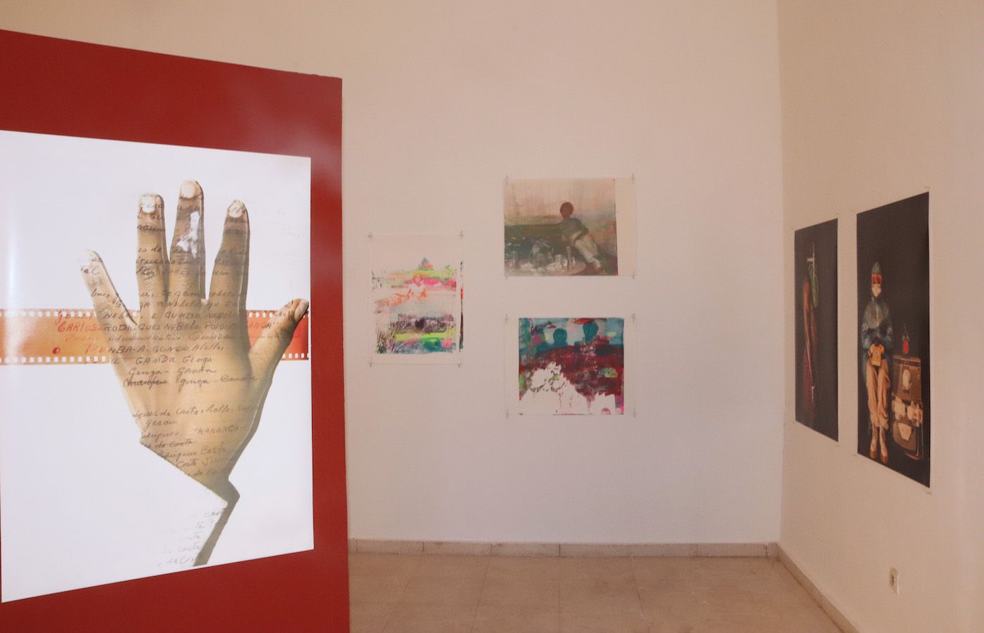 Installation shot at Memorial Modibo Keita, From the left, works by Sofia Yala, Adee Roberson, and Fatoumata Diabaté. Photo by Annie-Marie Akussah