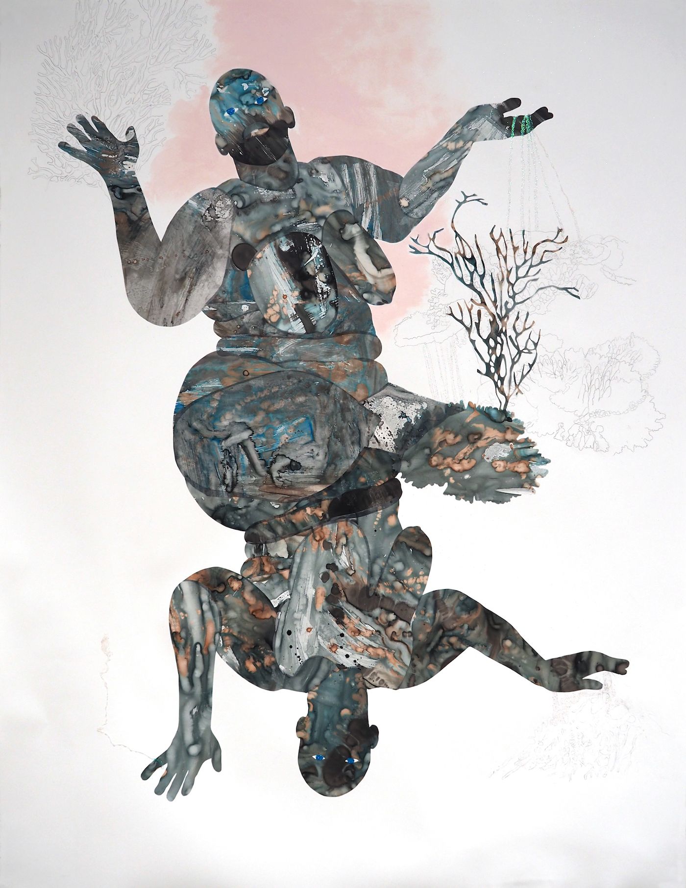 Florine Démosthène, Possibility, 2019. Collage on paper (ink, mylar, pigment stick, graphite and glitter) 38 x 50 Inches. Courtesy Mariane Ibrahim Gallery.