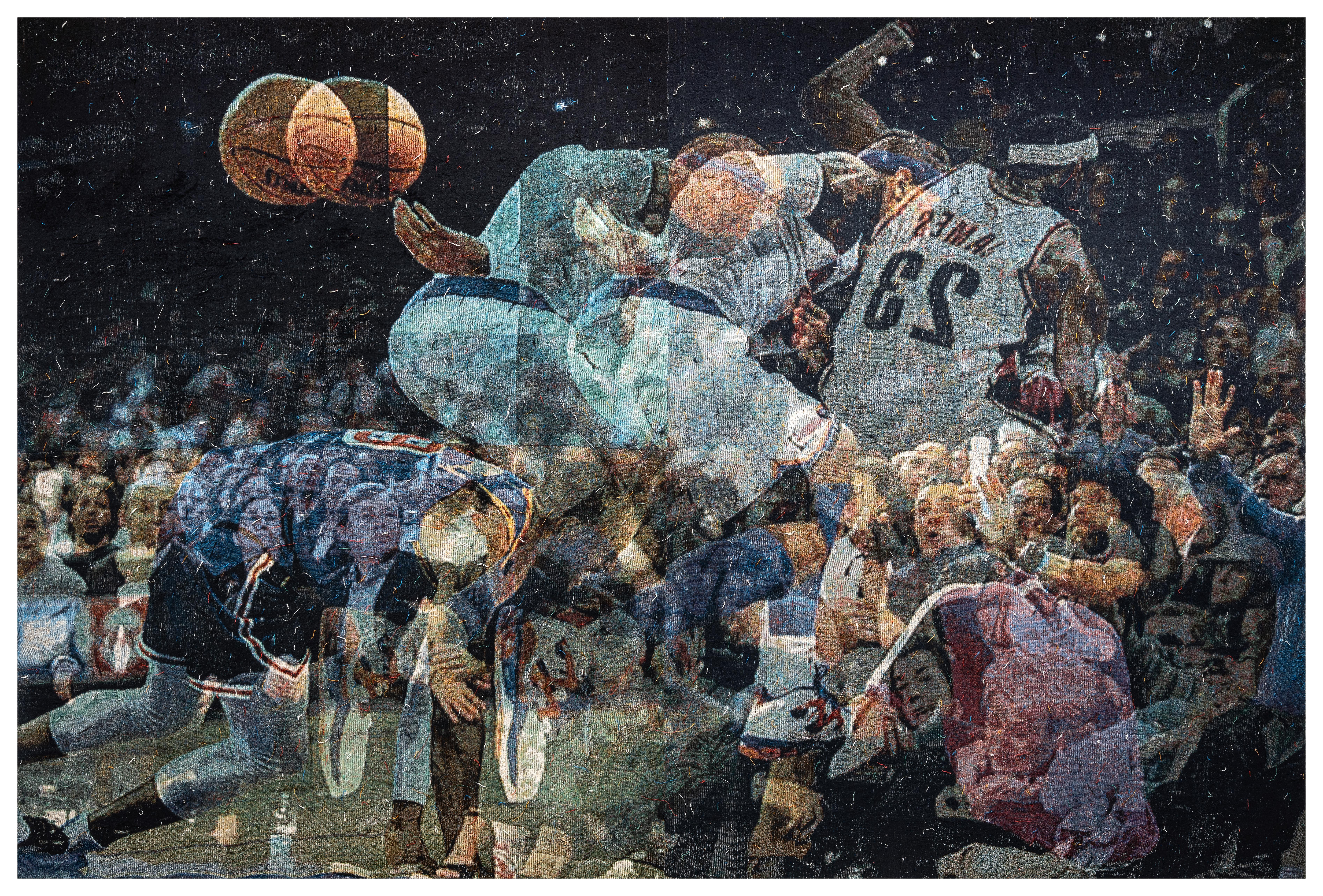 A layered image of a basketball game, showing players in action, a ball in the air, and a reacting crowd, with one player wearing a jersey labeled "JAMES 23."