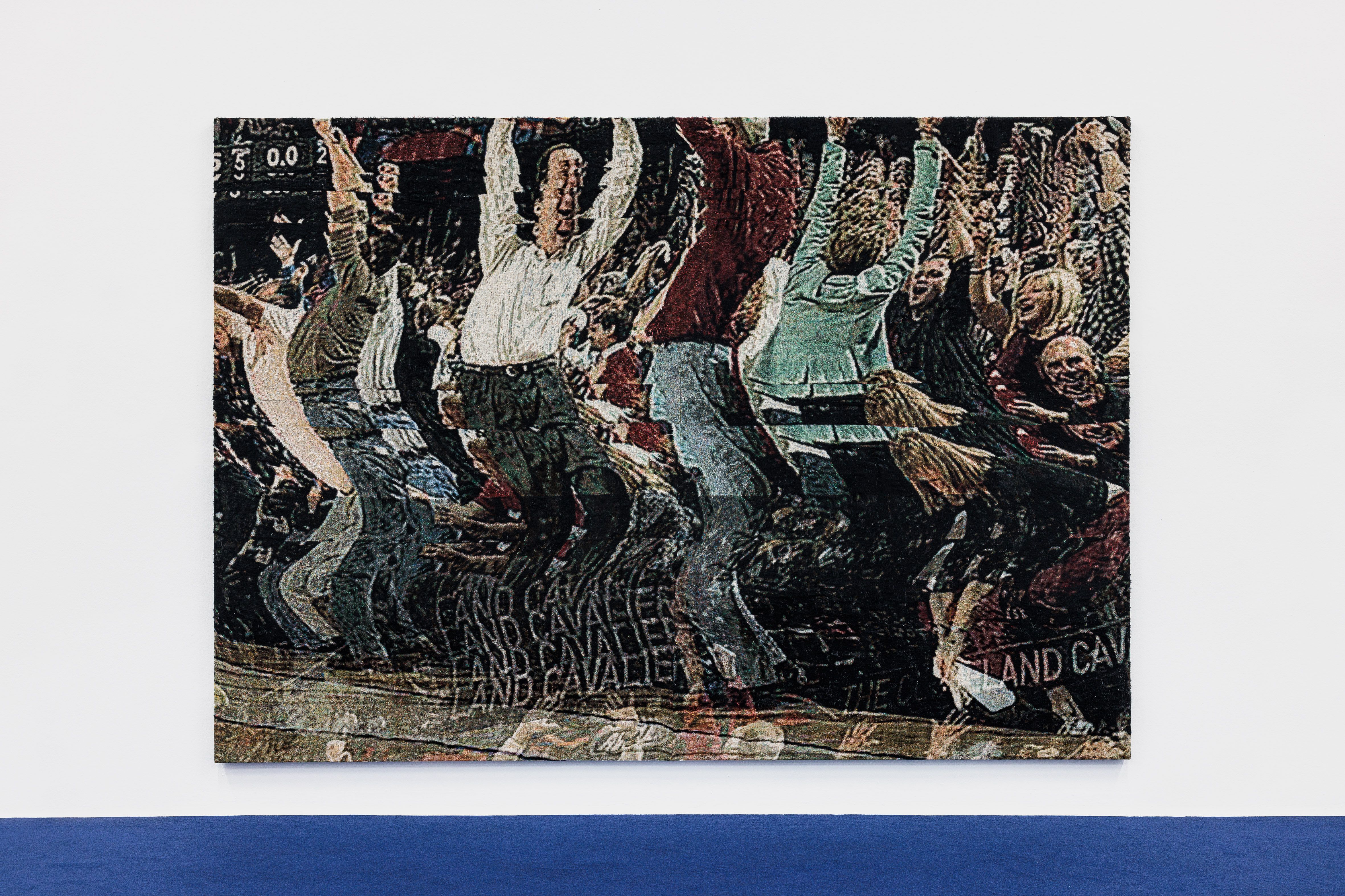 Distorted, textured image of an ecstatic sports crowd with their arms raised, and repeating "LAND CAVALIER" text.