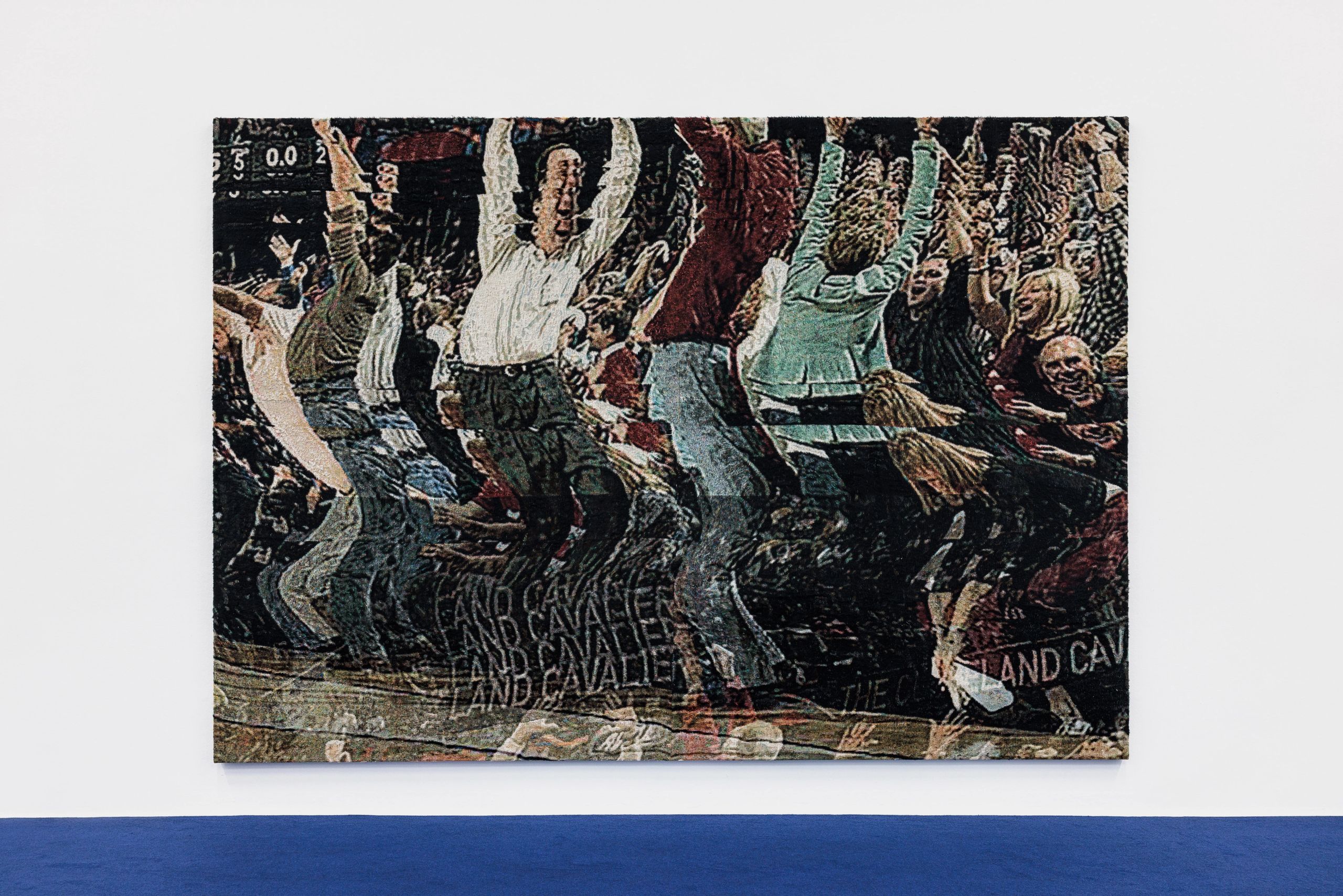 Distorted, textured image of an ecstatic sports crowd with their arms raised, and repeating "LAND CAVALIER" text.