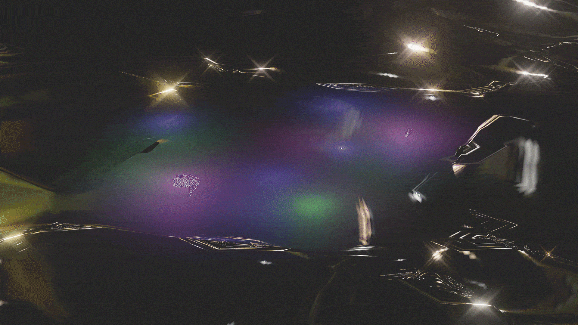 Dark, reflective surface with multiple star-shaped light reflections and a central purple and green glow.