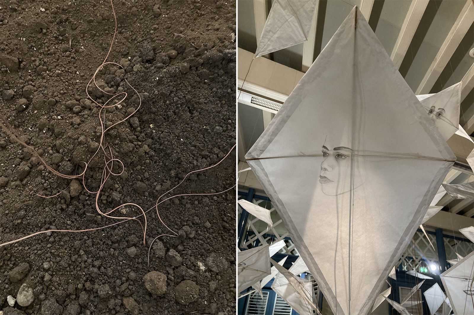 Guy Gabon, detail of RELIANCE, installation, drawings on paper kites, leather threads, earth, Médiathèque, 2023. Photo: Marny Garcia Mommertz