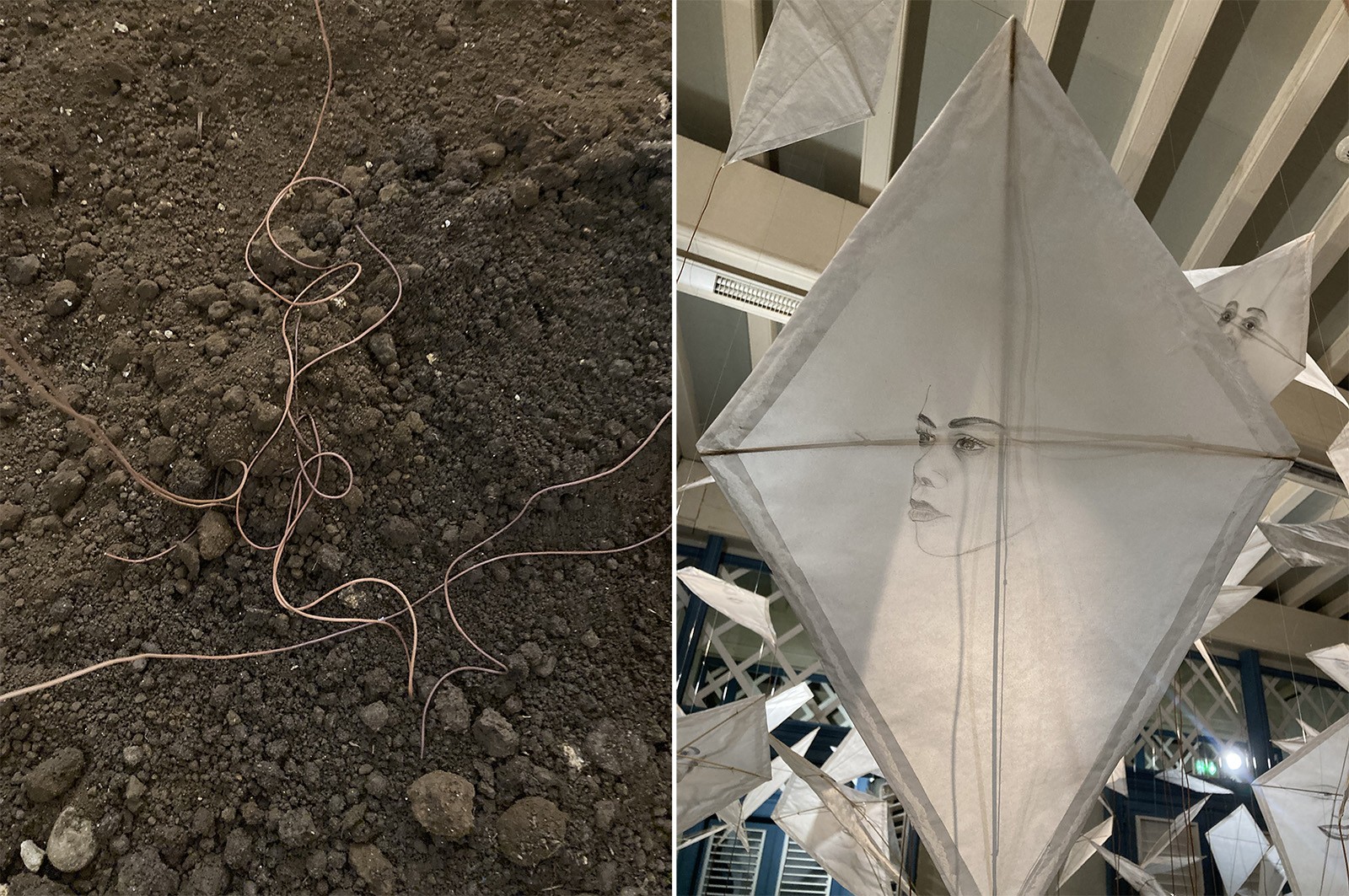 Guy Gabon, detail of RELIANCE, installation, drawings on paper kites, leather threads, earth, Médiathèque, 2023. Photo: Marny Garcia Mommertz