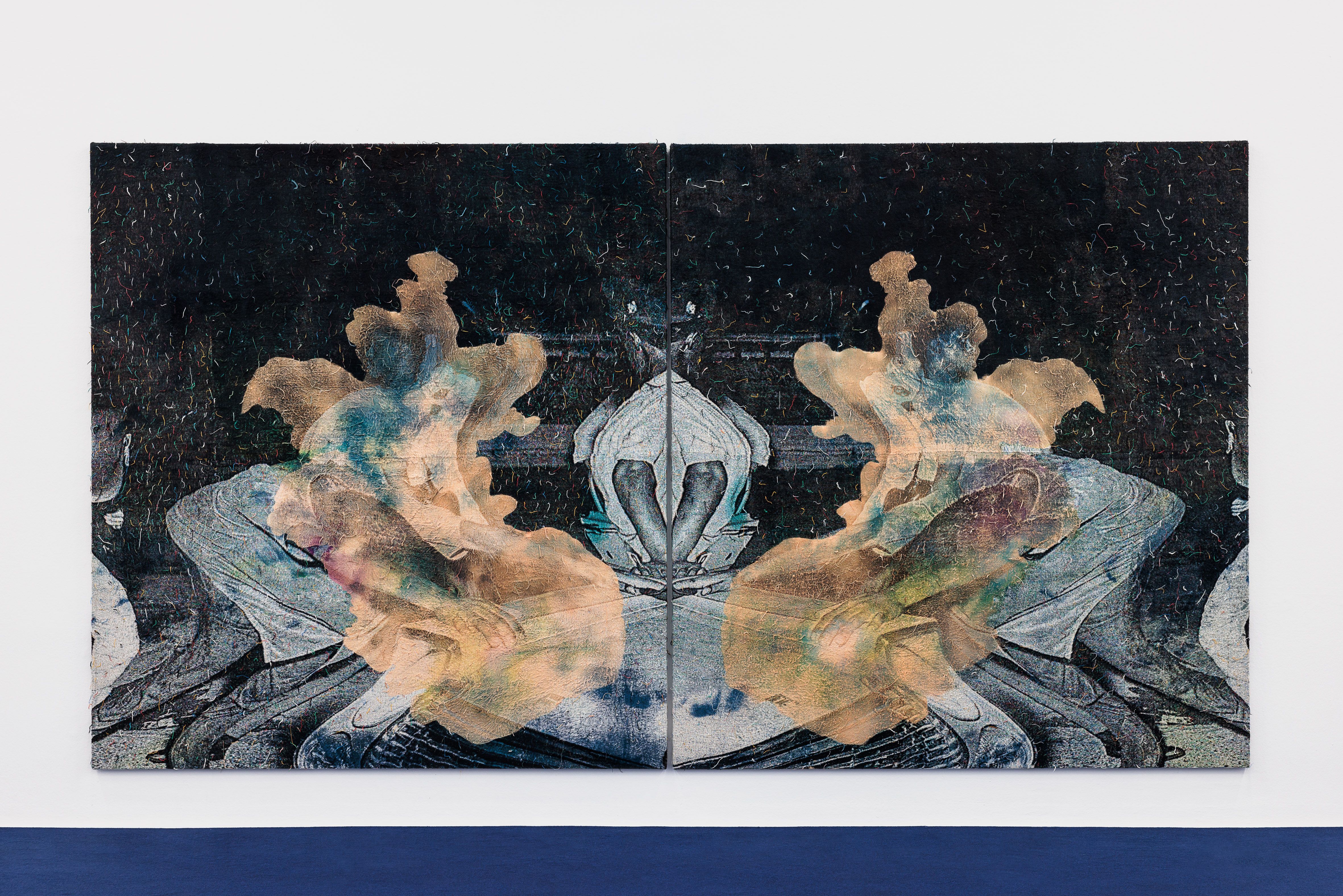 Abstract diptych featuring mirrored organic shapes in shades of brown, blue, and grey against a dark, textured background.