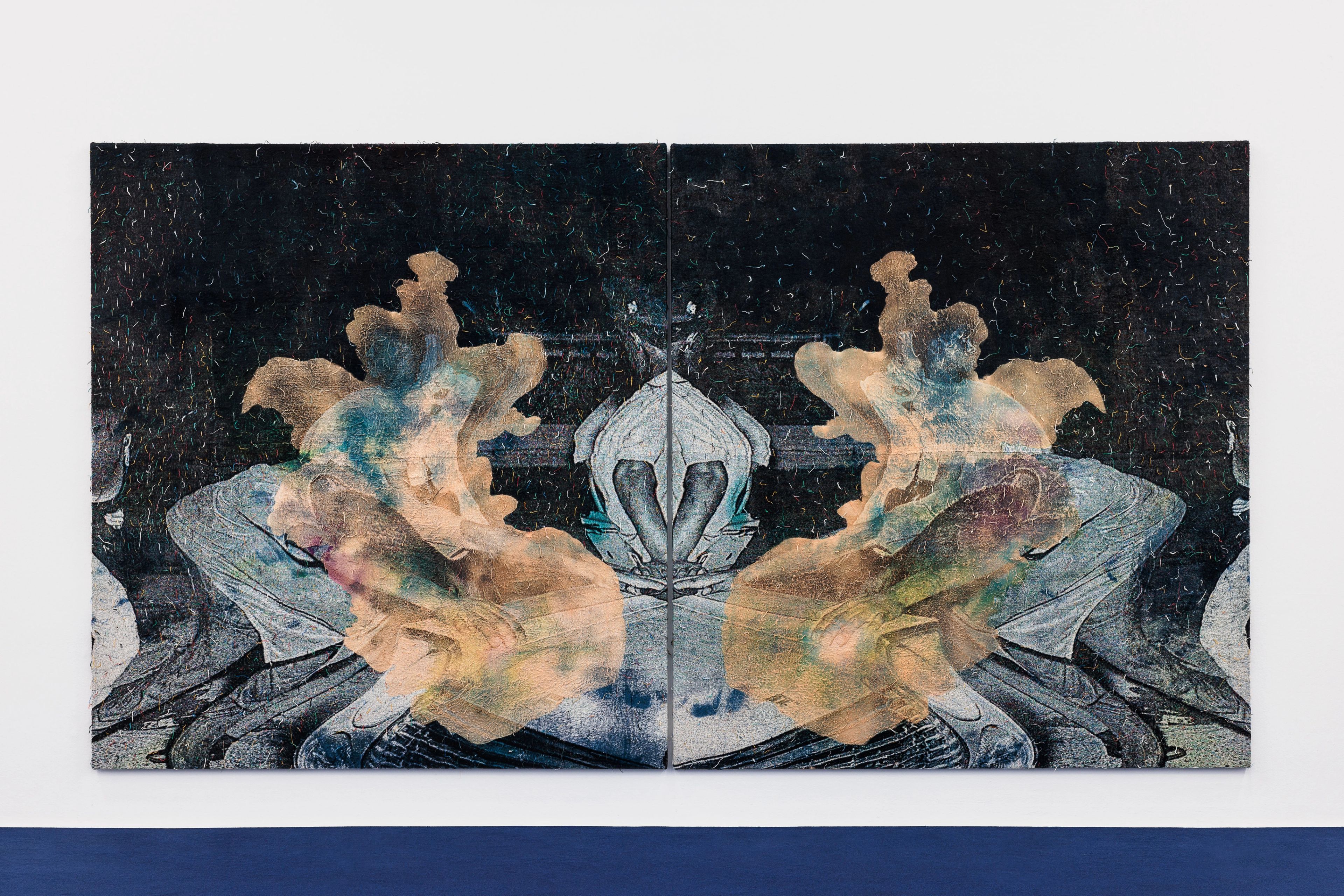 Abstract diptych featuring mirrored organic shapes in shades of brown, blue, and grey against a dark, textured background.