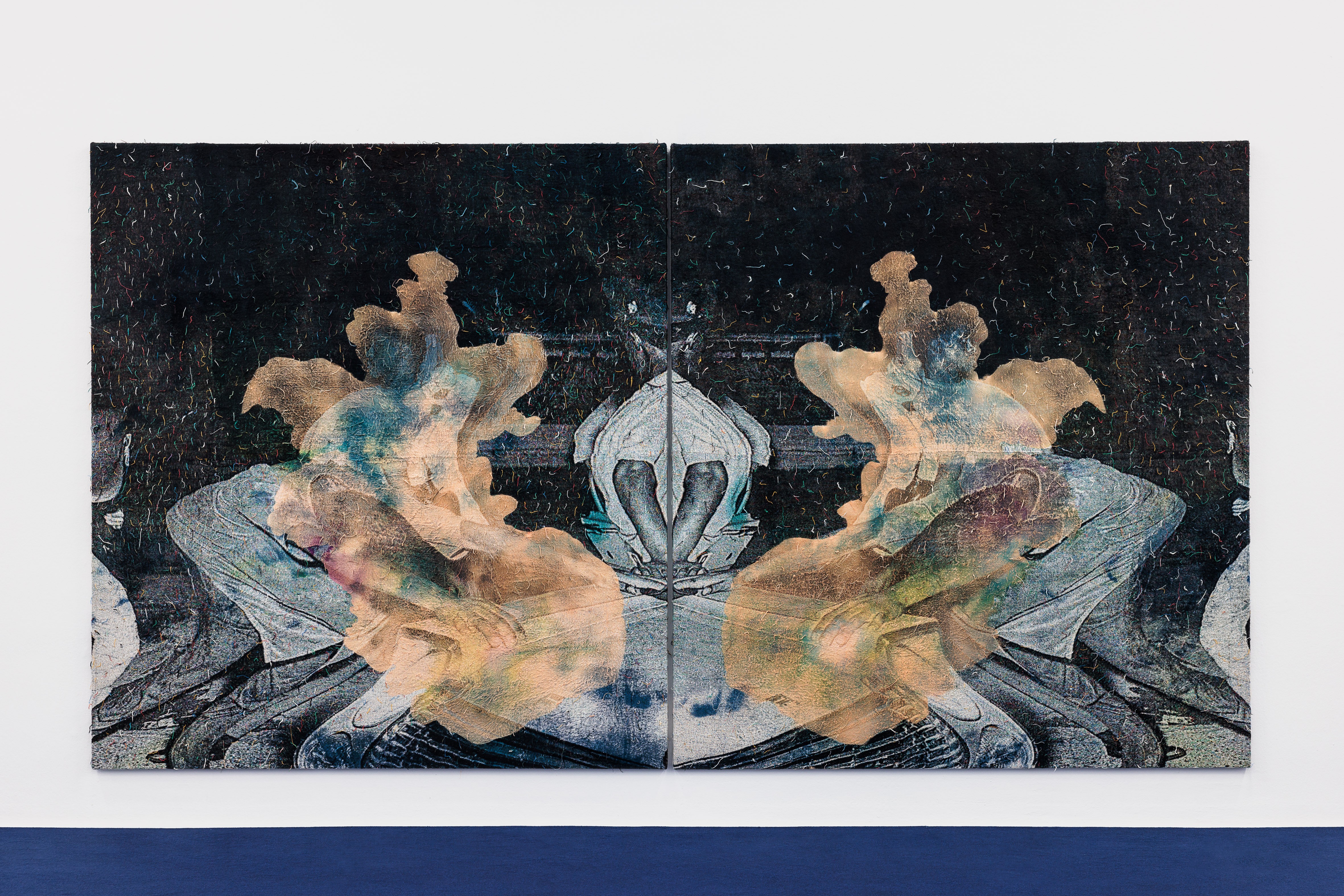 Abstract diptych featuring mirrored organic shapes in shades of brown, blue, and grey against a dark, textured background.