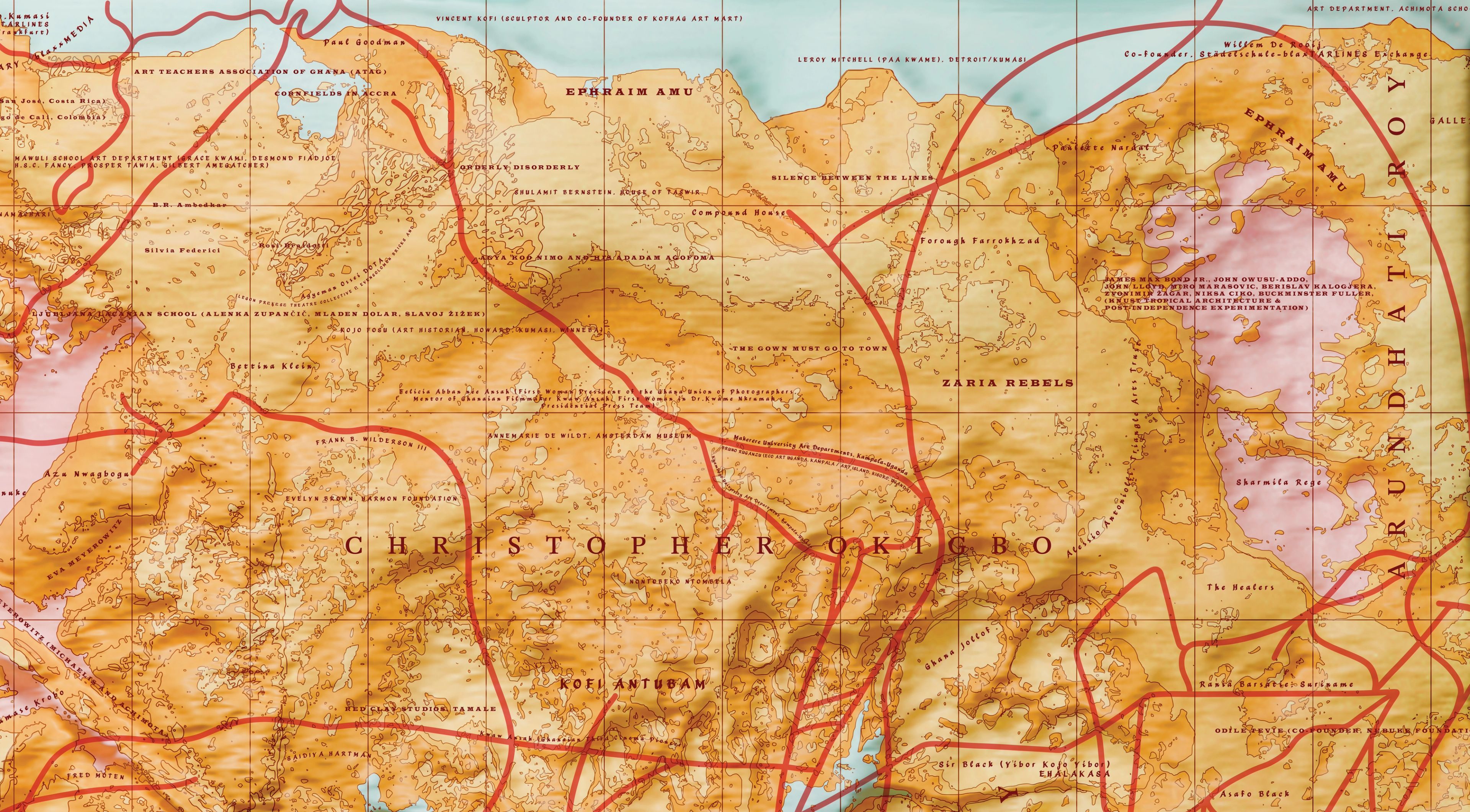 A vintage-style map with orange terrain, red roads, and regions labeled, including 'CHRISTOPHER OKIGBO'.
