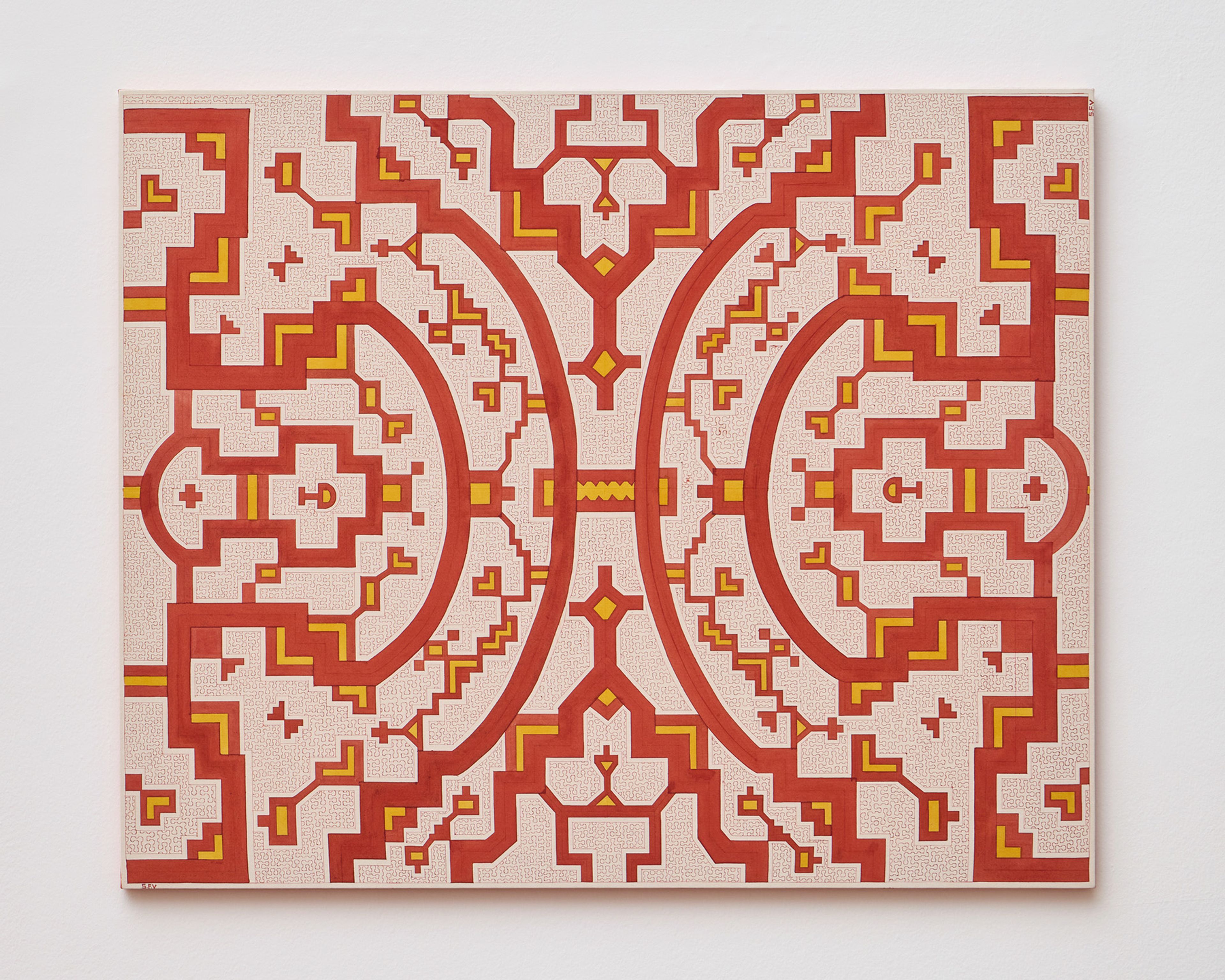 A symmetrical geometric painting with red and yellow pixelated patterns on a light beige canvas.