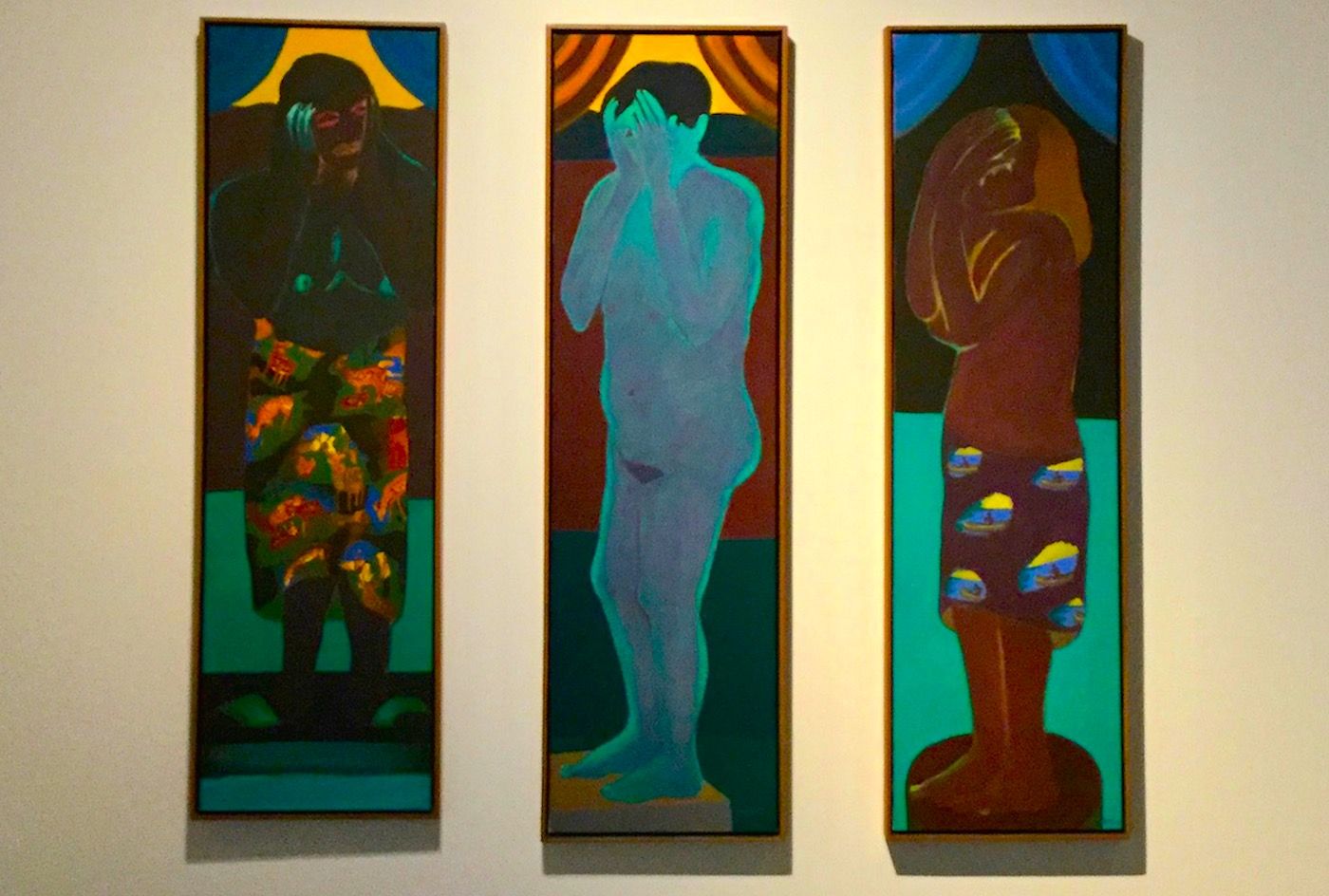 Beatriz González, El silencio, Self-portrait nude crying and El paraíso, 1997.