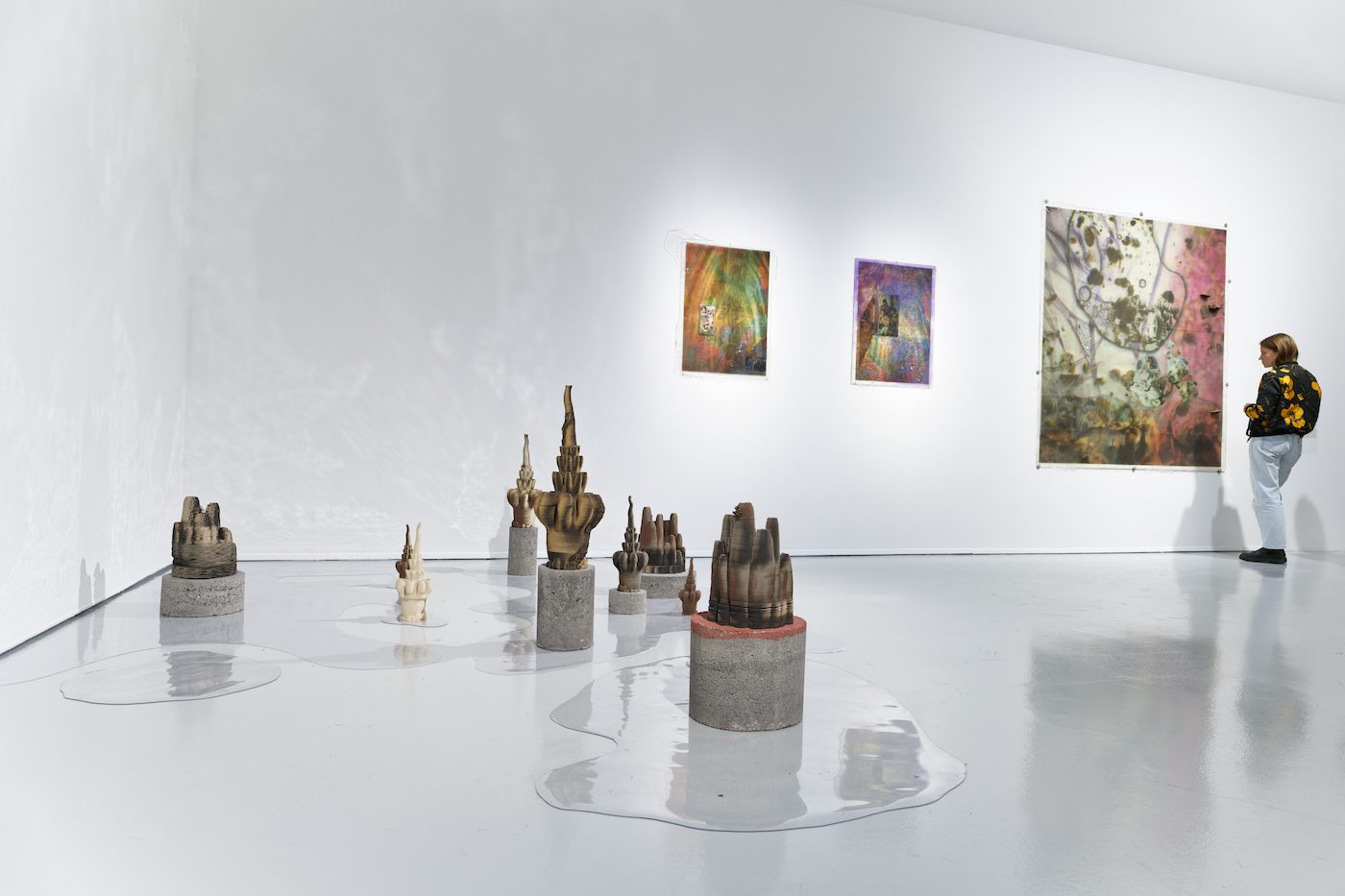 Josefa Ntjam. Simulacre, 2022, print on rice paper, resin, polypores, glass, fiberglass; Is the mix OK for you?, 2022, print on LAMALI rice paper, resin, dye, dried flowers, rice husks; Négritudes, 2022, print on LAMALI paper, resin, flower petals, rice husks. Courtesy of the artist and NICOLETTI Contemporary Gallery, London. © ADAGP, Paris 2022. View of the exhibition Globalisto. A Philosophy in Flux at the Musée d’art moderne et contemporain de Saint-Étienne Métropole, from June 25th to October 16th, 2022. Crédit photo : C. Cauvet / MAMC+