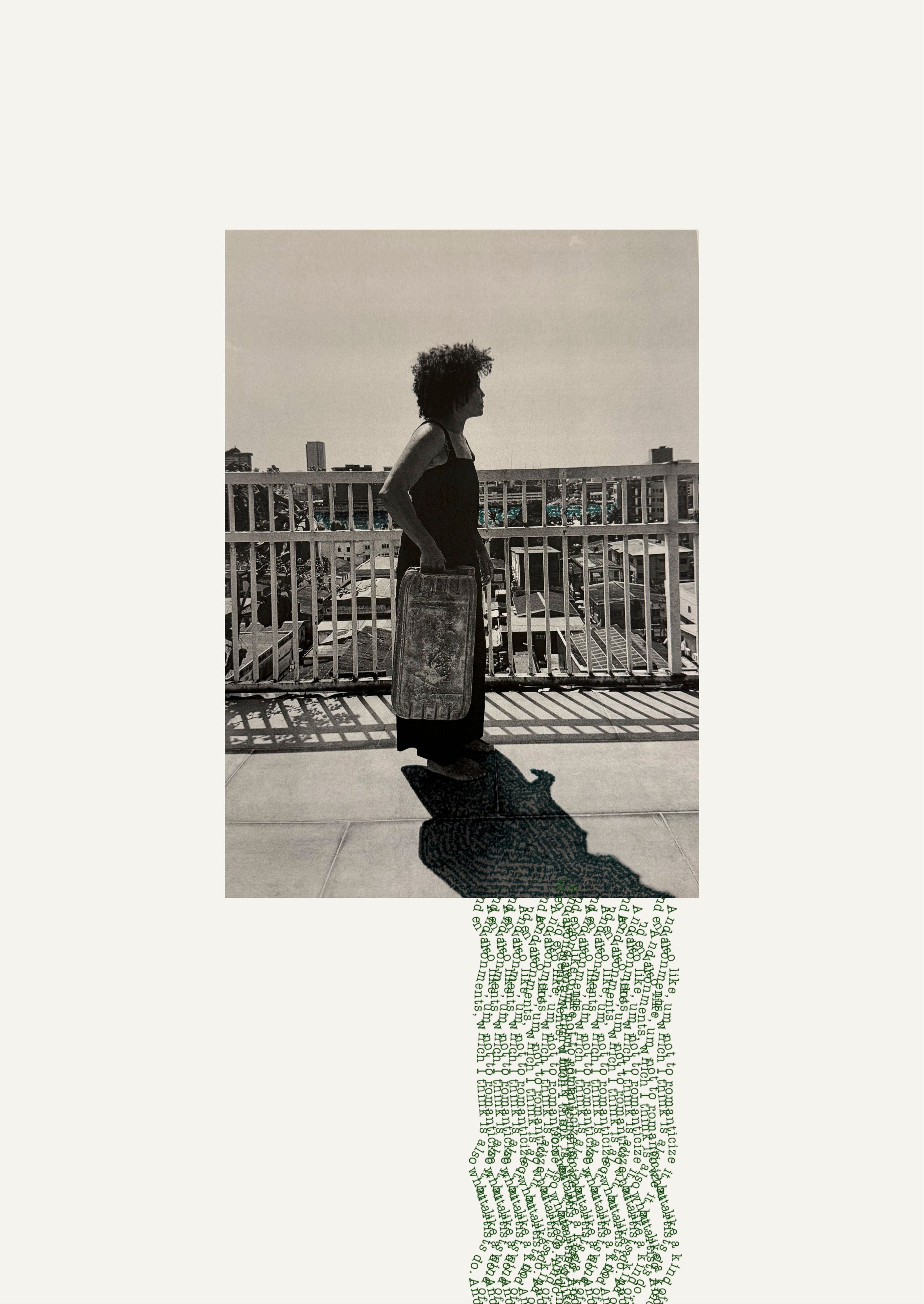 A monochromatic image of a woman on a rooftop holding a container, looking right at a city skyline. Her long shadow and a column below are made of green text, with light blue details in the background.
