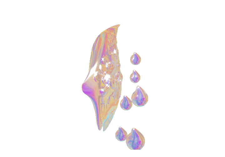An abstract iridescent shape with star glints and a cascade of matching teardrops.