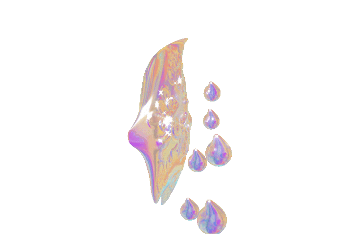 An abstract iridescent shape with star glints and a cascade of matching teardrops.