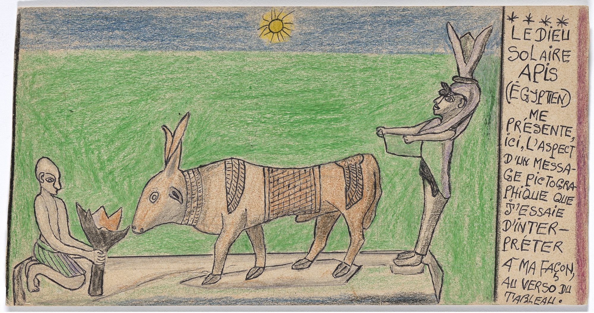 Frédéric Bruly Bouabré. Le Dieu Solaire APIS (Égyptien) me présente, ici, l’aspect d’un message pictographique que j’essaie d’interpréter à ma façon, au verso du tableau from Connaissance du monde. 1991. Colored pencil and ballpoint pen on board, 6 ⅜ × 12 ⅜” (16.2 × 31.5 cm). The Museum of Modern Art, New York. The Jean Pigozzi Collection of African Art. © 2022 Family of Frédéric Bruly Bouabré