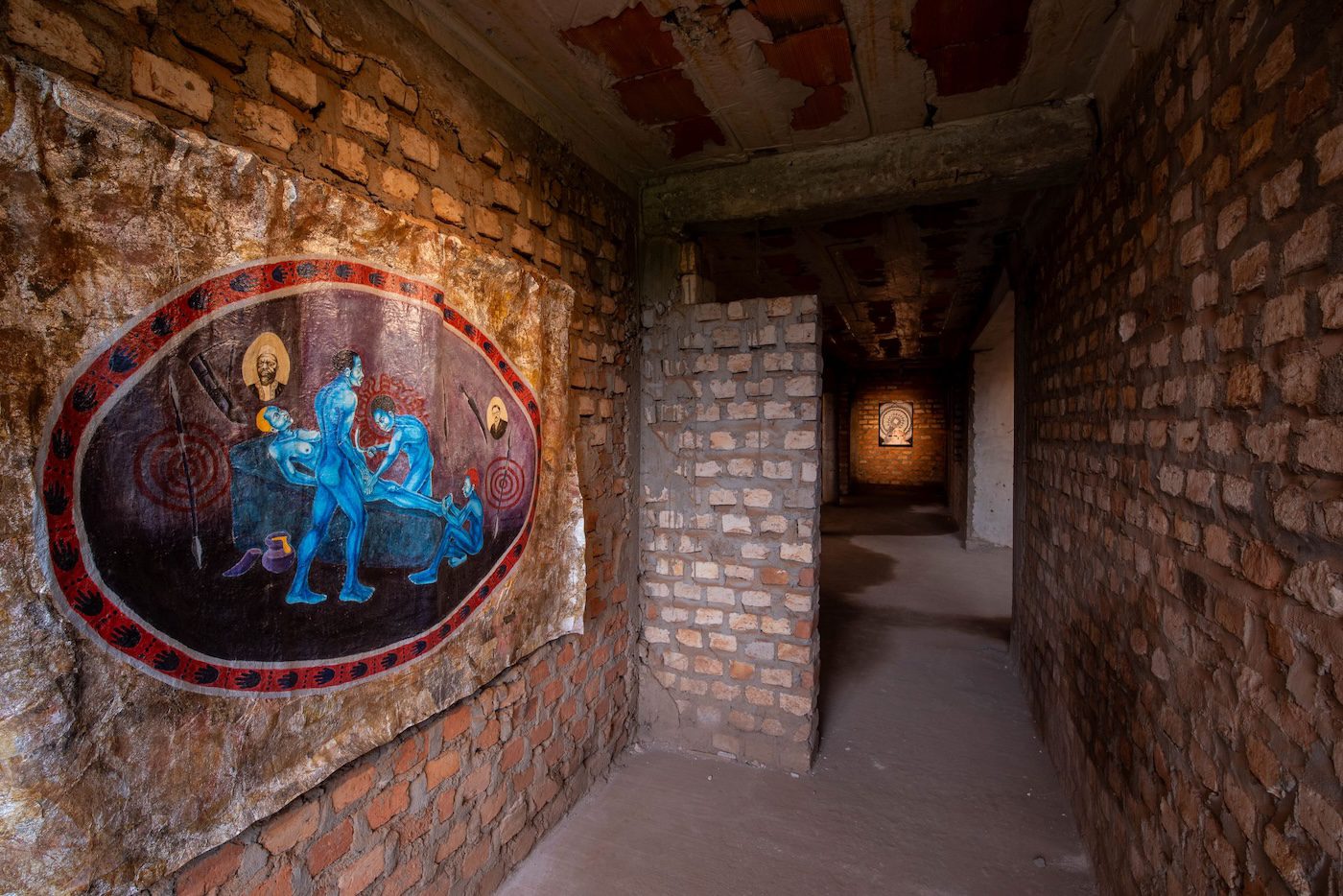 Kyakonye Allan, The first caesarean, 2021, egg-tempera on tinfoil, 120 x 180 cm and Ethel Aanyu, Esikadikit, 2023, archival print on canvas, 98 x 71 cm at Silent Invasions: The Art of Material Hacking. Photo: Atiko Anthony