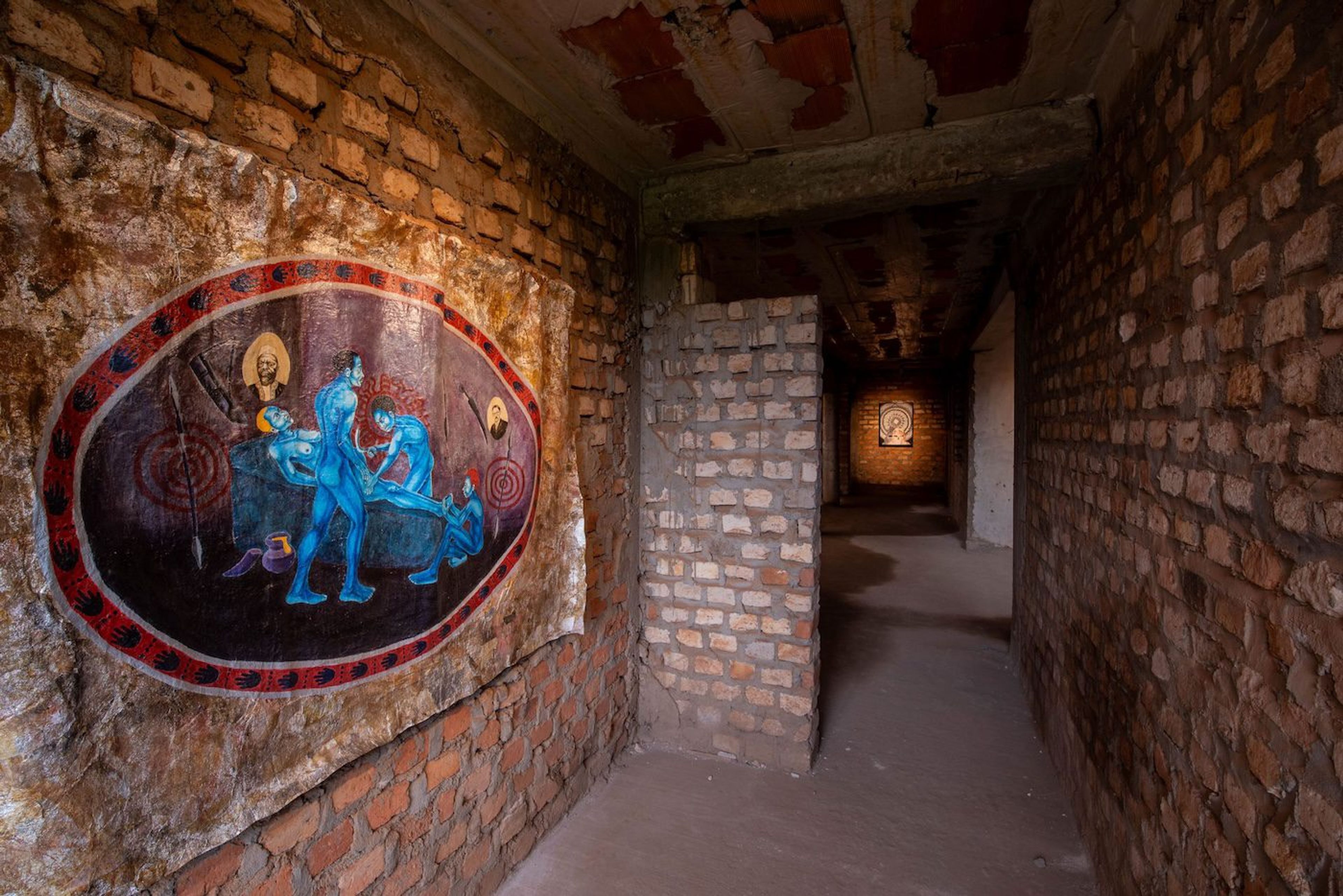 Kyakonye Allan, The first caesarean, 2021, egg-tempera on tinfoil, 120 x 180 cm and Ethel Aanyu, Esikadikit, 2023, archival print on canvas, 98 x 71 cm at Silent Invasions: The Art of Material Hacking. Photo: Atiko Anthony
