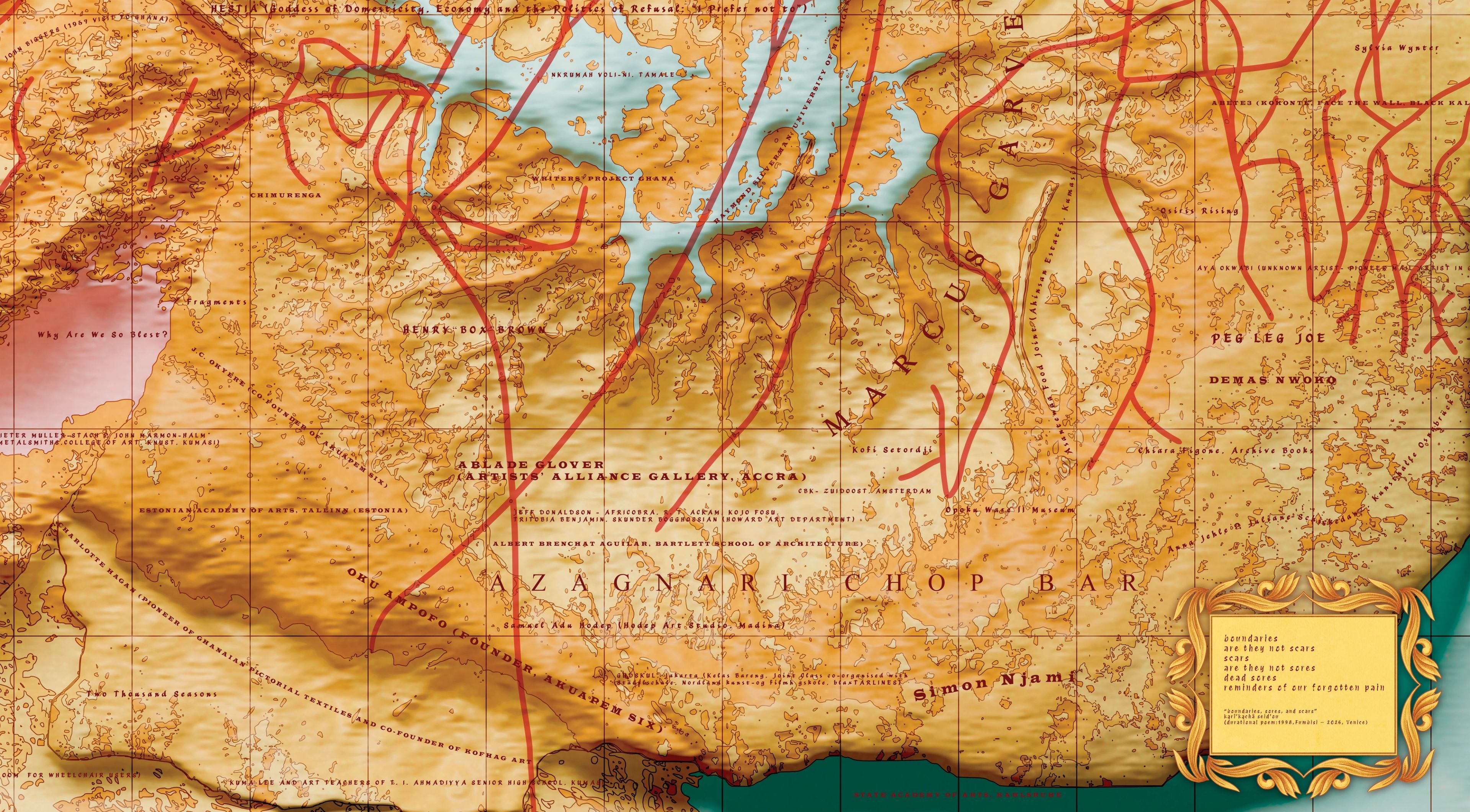 A vintage-style map showing an arid landscape with mountains, blue waterways, red routes, and fictional place names, with a framed legend in the bottom right.