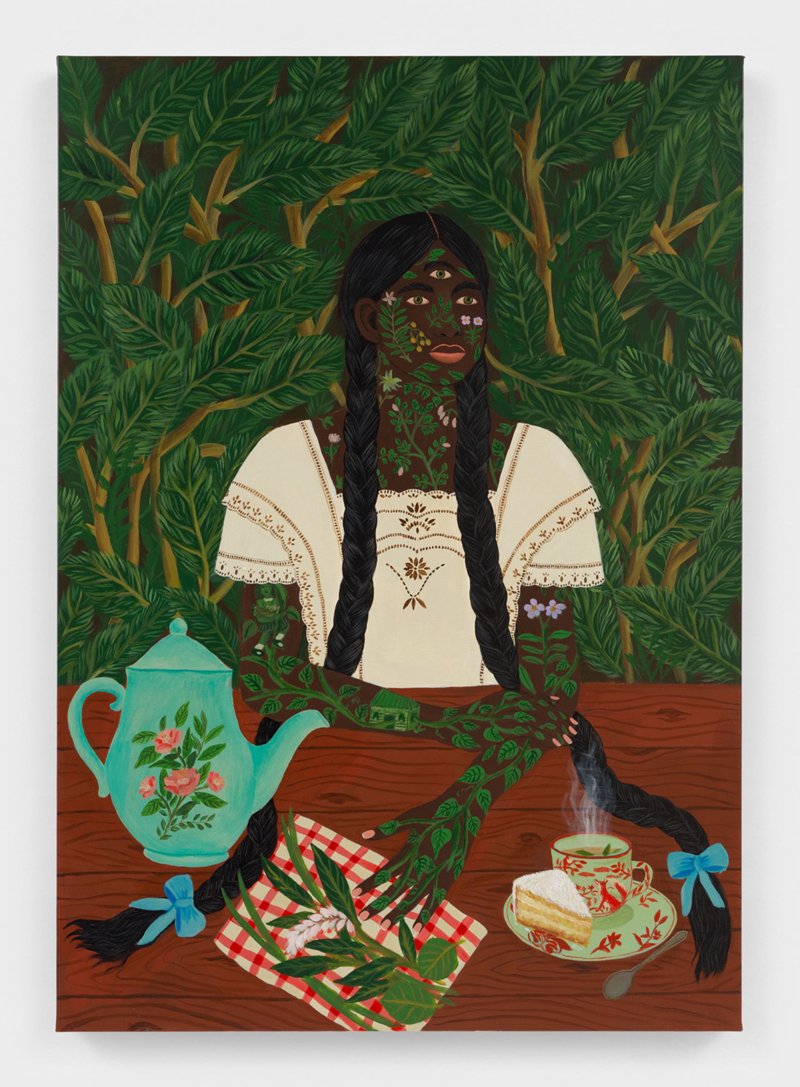 Painting of a woman with green botanical patterns on her skin, three eyes, and braids, sitting at a table with a teapot, tea, and cake against a background of lush foliage.