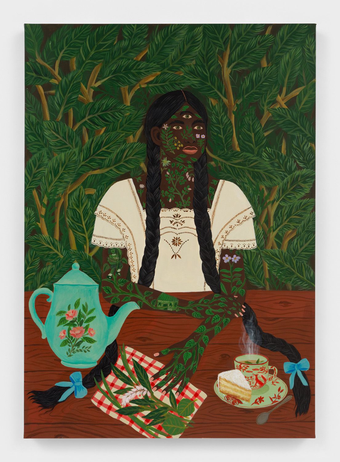 Painting of a woman with green botanical patterns on her skin, three eyes, and braids, sitting at a table with a teapot, tea, and cake against a background of lush foliage.