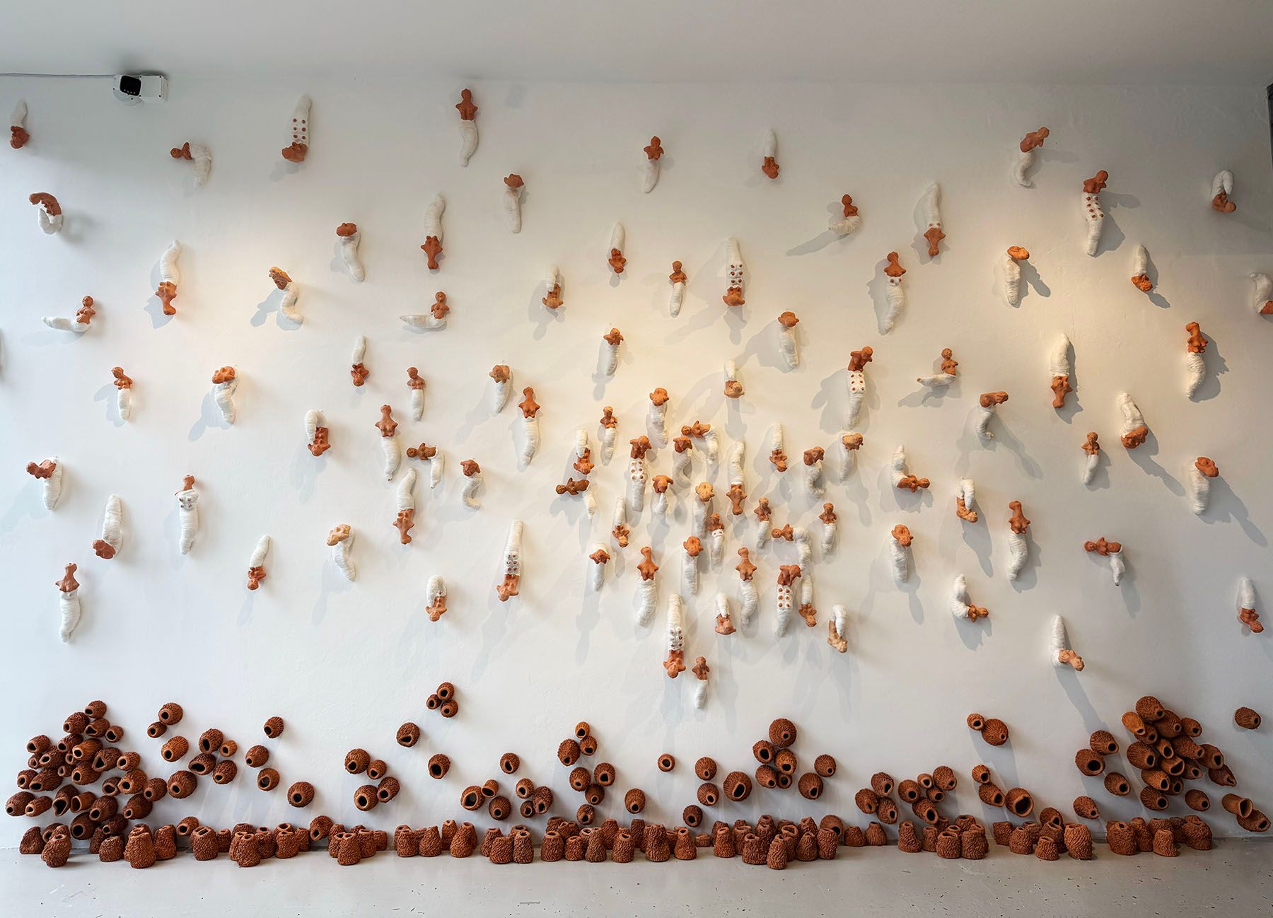 Wall art installation of small reddish-brown organic objects, some paired with white forms, others clustered at the base.