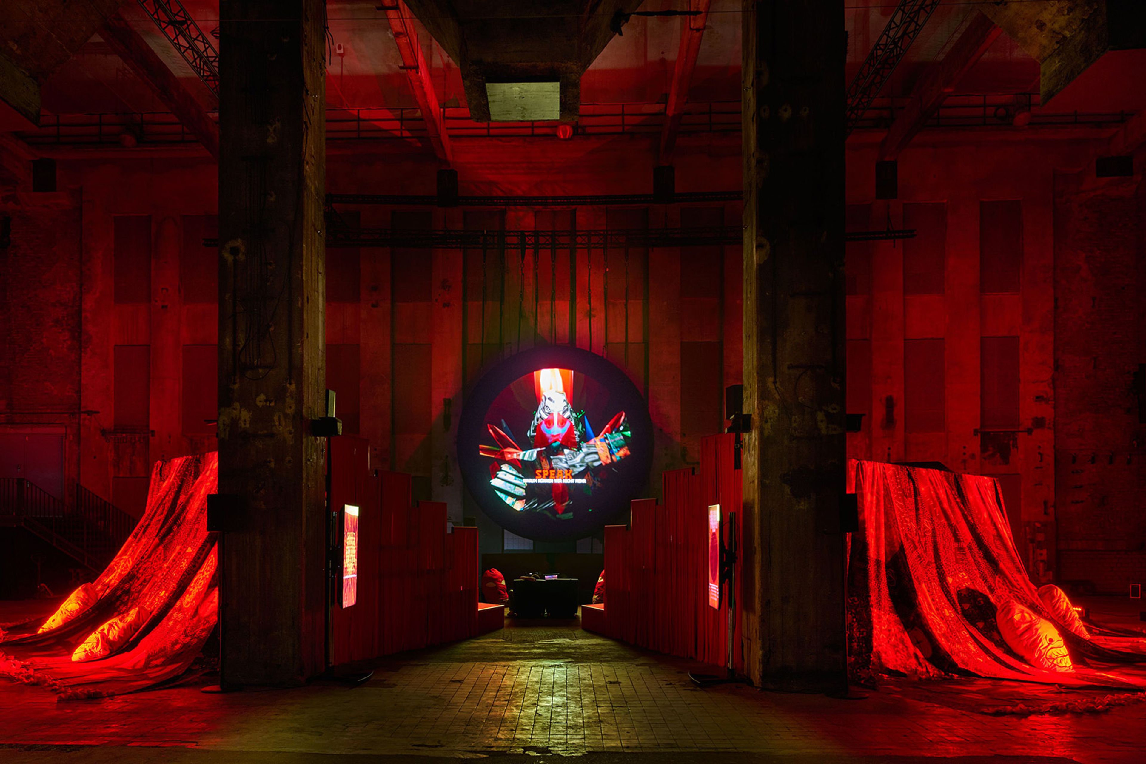 Danielle Brathwaite-Shirley, THE SOUL STATION, 2024. Installation view at Halle am Berghain, Berlin. Commissioned by LAS Art Foundation. Courtesy the artist; LAS Art Foundation. Photo: Alwin Lay
