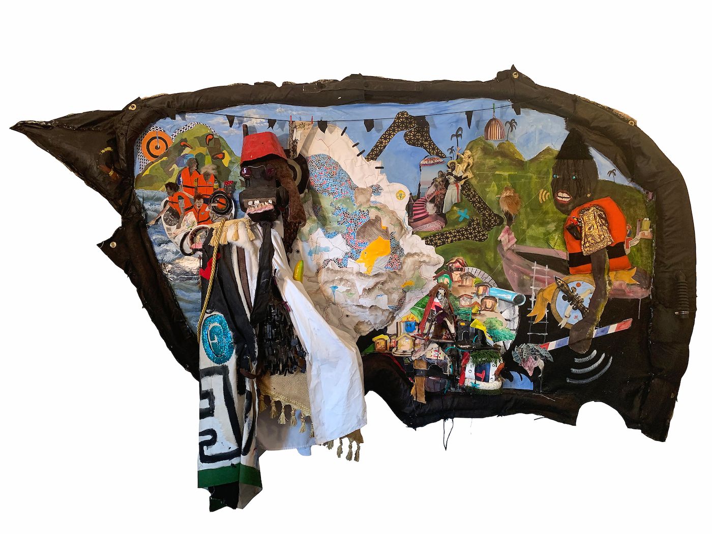 Nyugen Smith, Bundlehouse:...because after the fracture, came something like paradise..., 2019. Mixed media and found object assemblage. 60 x 90 x 10 inches. Courtesy of the artist.