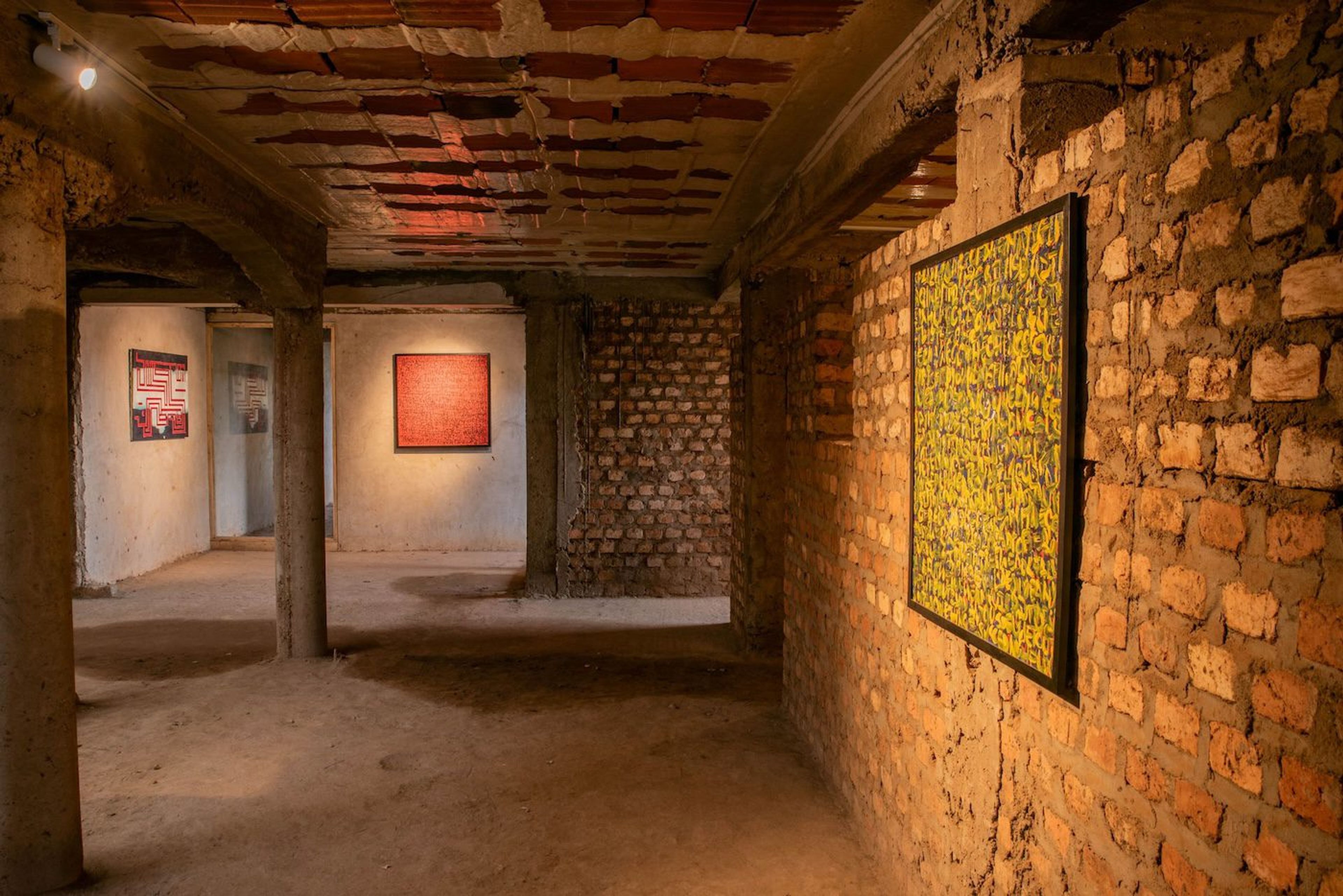 Dan ‘Ngaara’ Ngalamulume, A walk in the Park, 2023, Acrylics on canvas, 87 x 126 cm and Makano Bwato, Drowning and Drowning in Yellow, 2023, acrylic on canvas, each 100 x 100 cm at Silent Invasions: The Art of Material Hacking Photo: Atiko Anthony