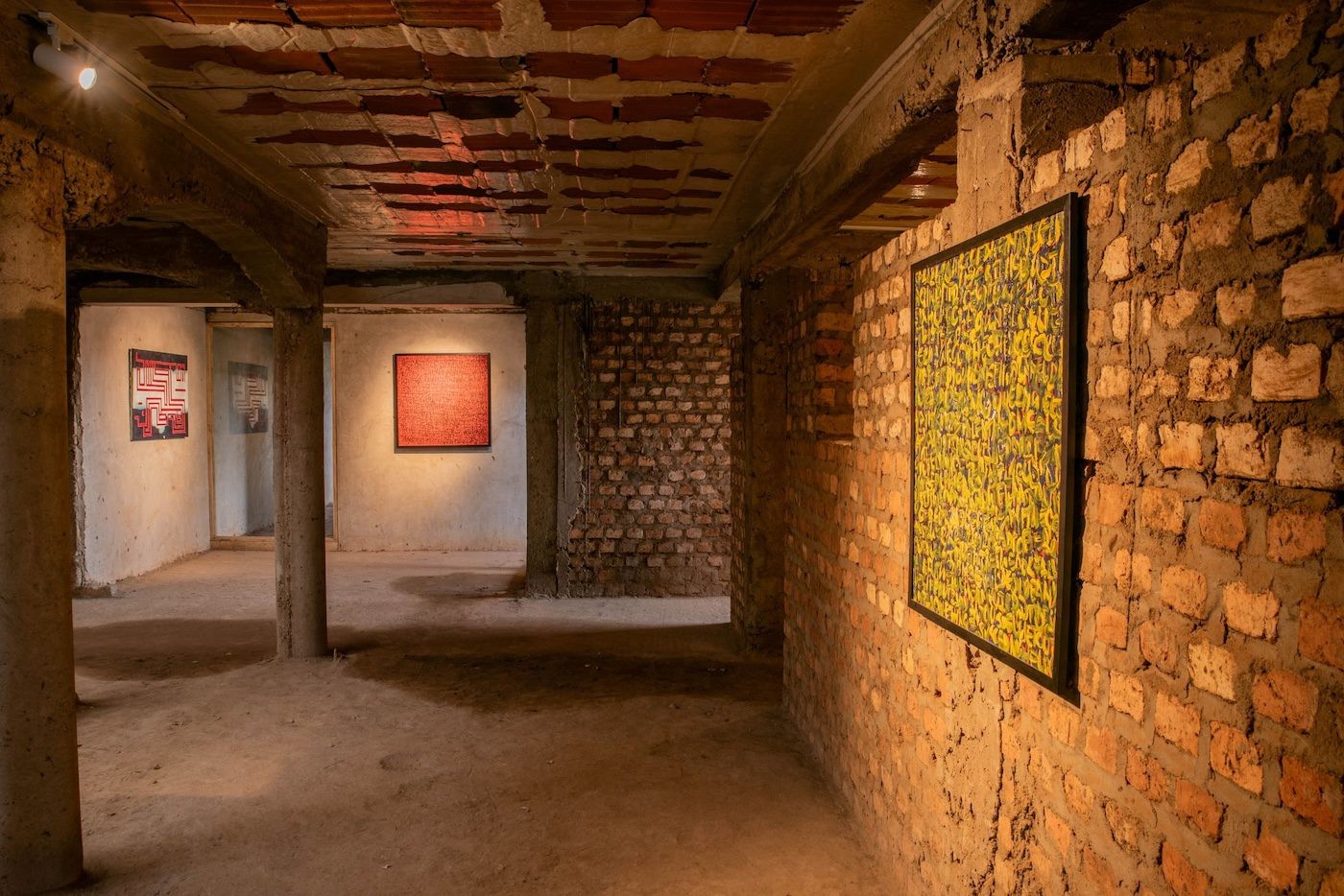 Dan ‘Ngaara’ Ngalamulume, A walk in the Park, 2023, Acrylics on canvas, 87 x 126 cm and Makano Bwato, Drowning and Drowning in Yellow, 2023, acrylic on canvas, each 100 x 100 cm at Silent Invasions: The Art of Material Hacking Photo: Atiko Anthony