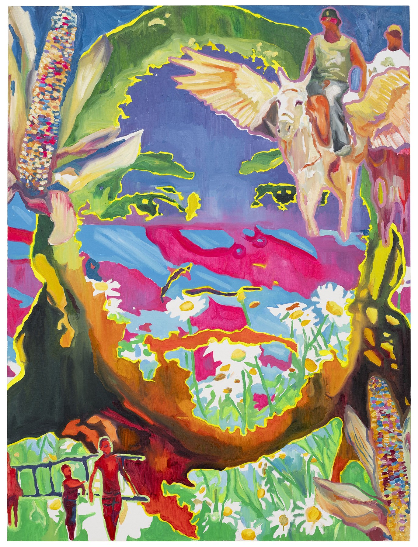 A vibrant, surreal painting features a central profile revealing a daisy field, surrounded by a winged donkey, human figures, and corn stalks.