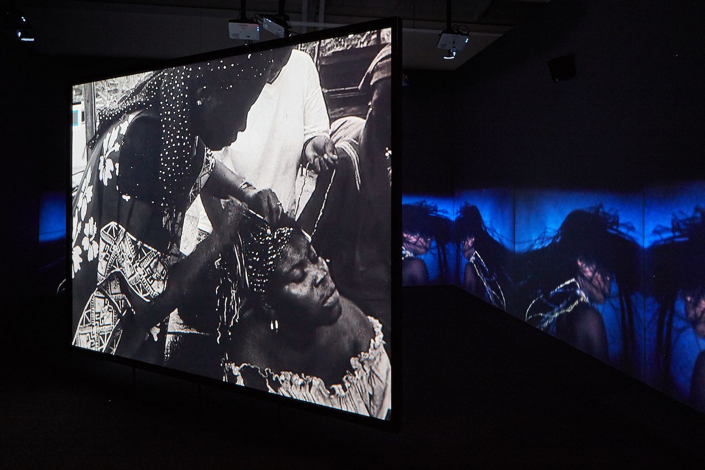 Akosua Adoma Owusu, Welcome to the Jungle, 2019; installation view, CCA Wattis Institute; “Me Broni Ba” [detail], 2009; Courtesy of the artist; Photo: Johnna Arnold.