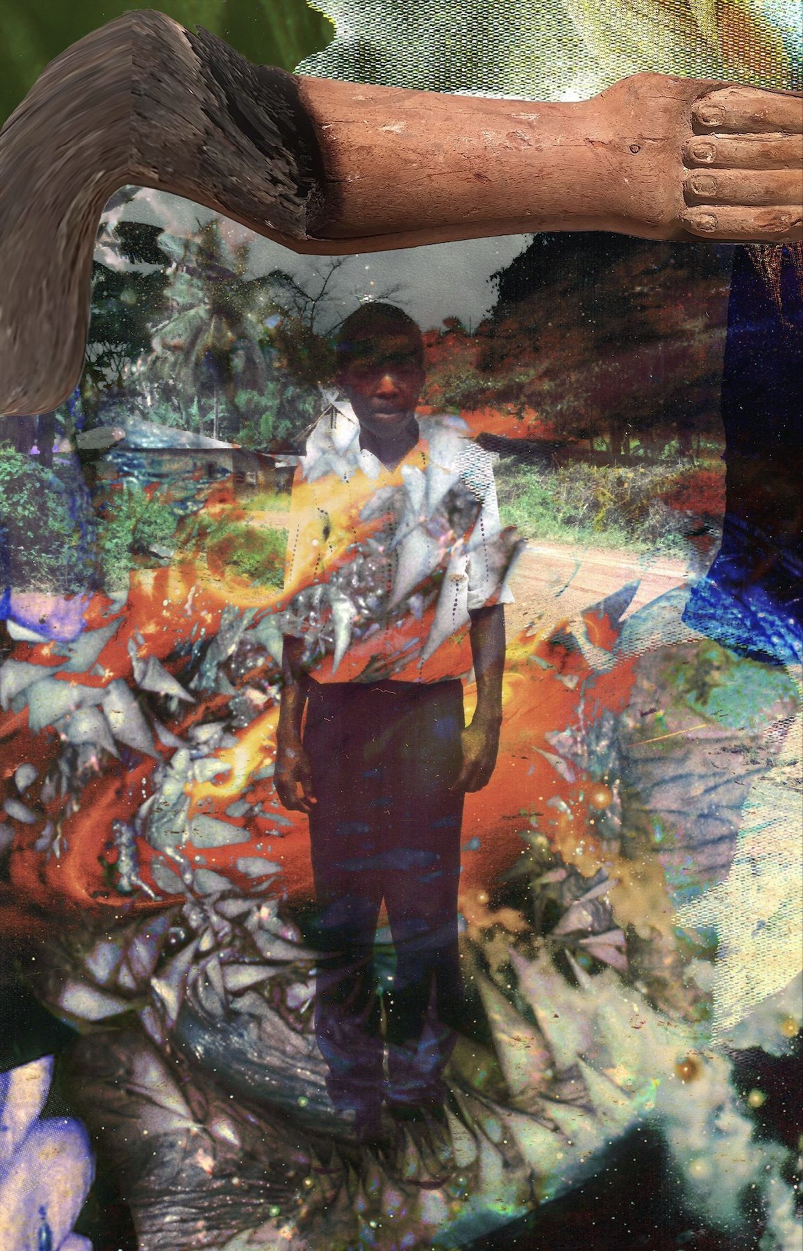 Josèfa Ntjam, Dans la gueule de la tortue, 2021. Photomontage printed by sublimation on Chromalux 80 x 60 cm