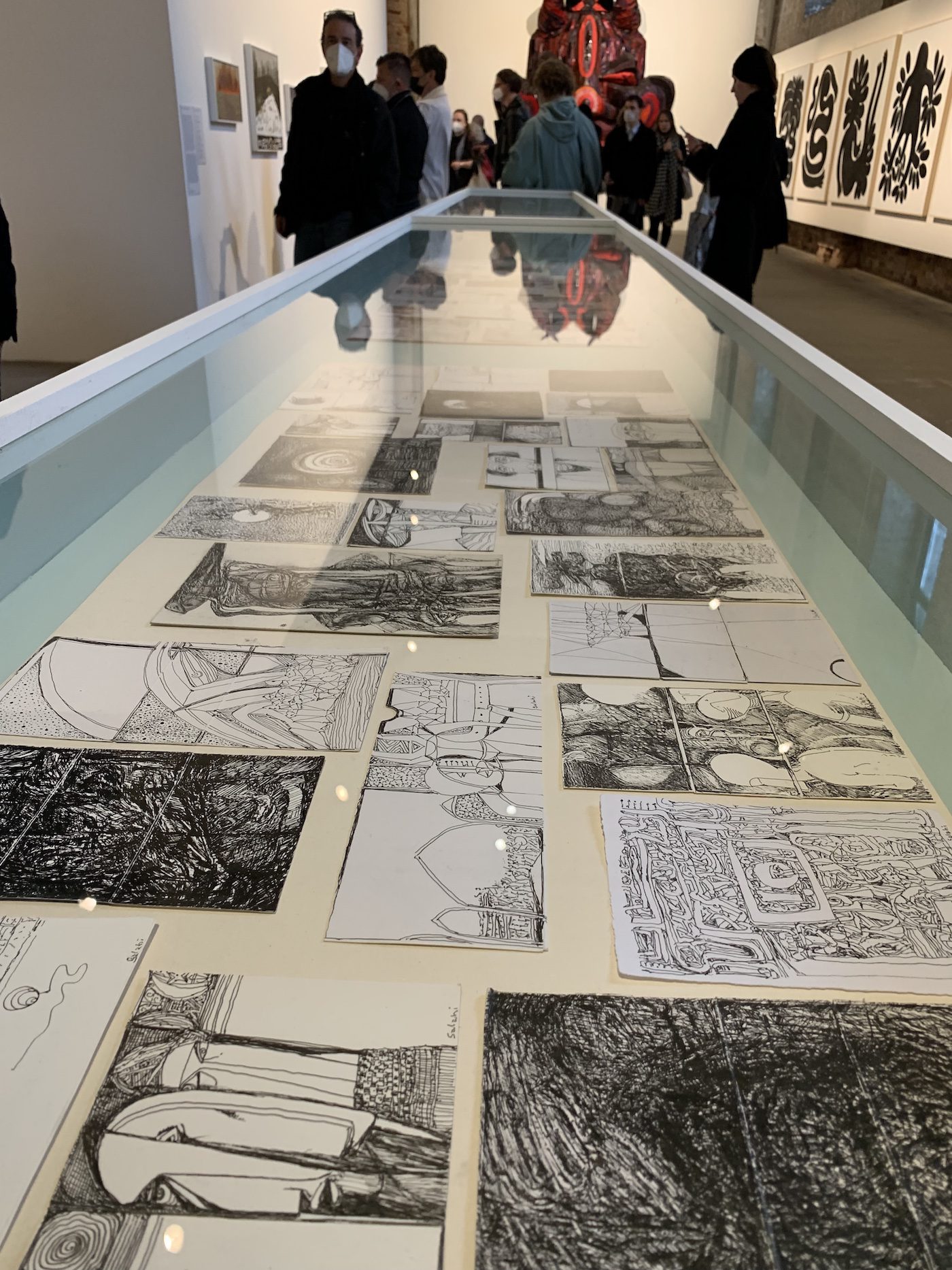Ibrahim El-Salahi, Behind the Mask, 2020-2021. 99 Drawings. Installation View of “The Milk of Dreams” at Arsenale. Photo: C&amp;
