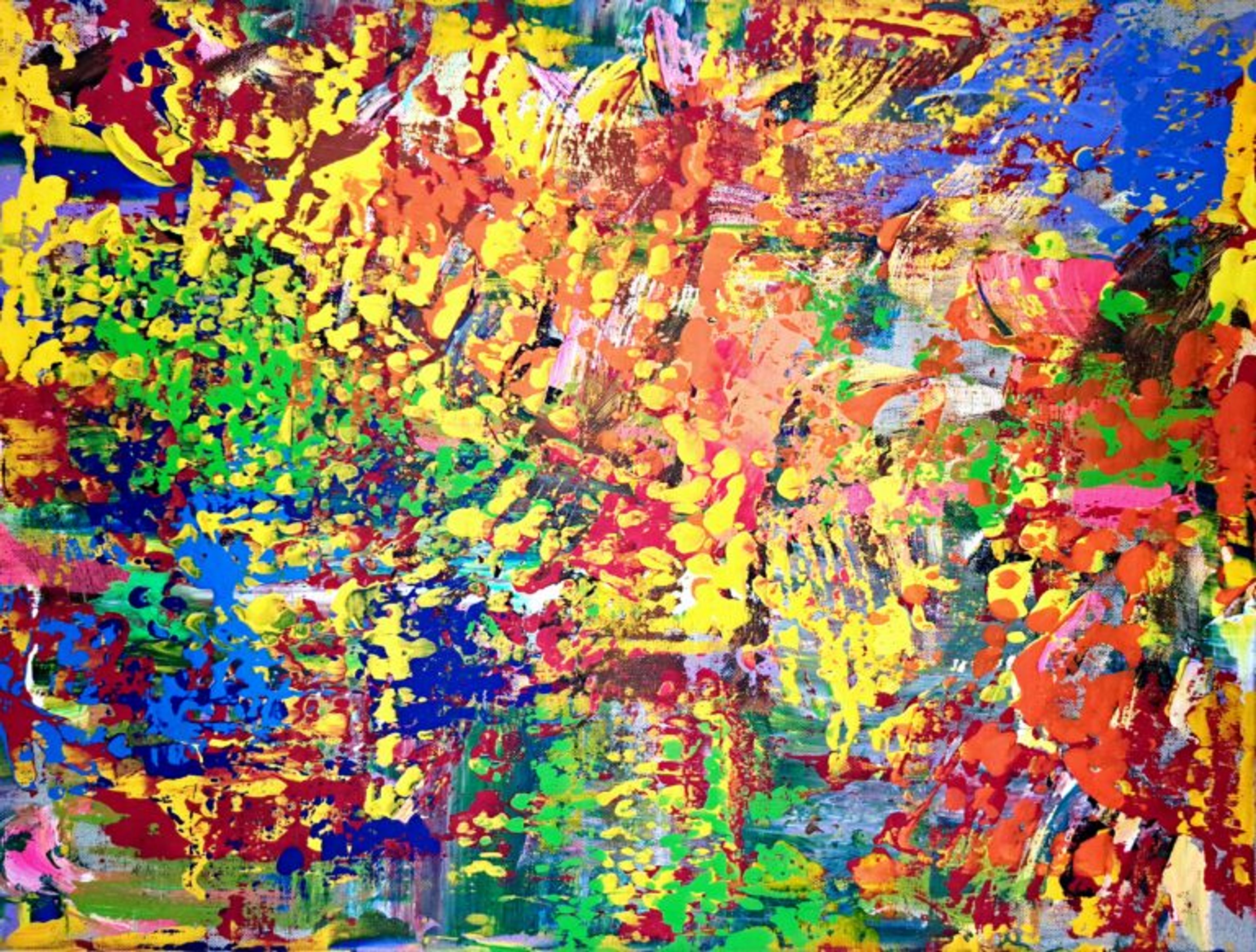 A vibrant, textured abstract painting featuring a dense mix of yellow, orange, red, green, and blue paint.