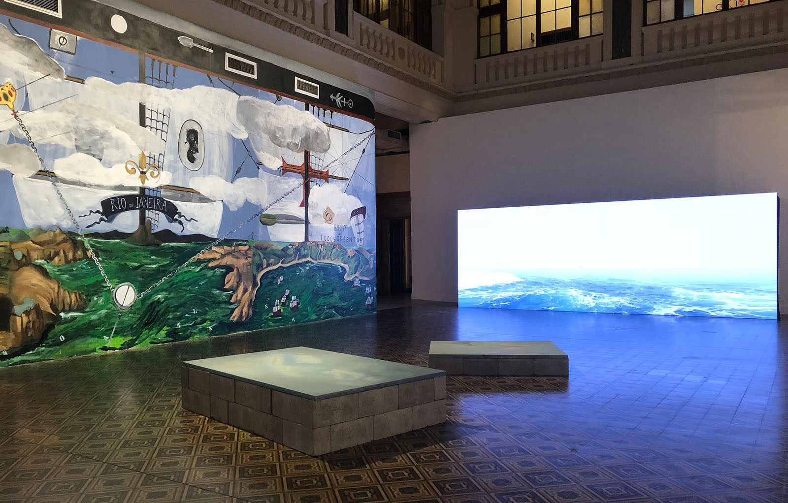 General view of the exhibition at the Museum of Art of Rio Grande do Sul, featuring the work O Triângulo Atlântico em tempos distópicos, 2018, by Arjan Martins.