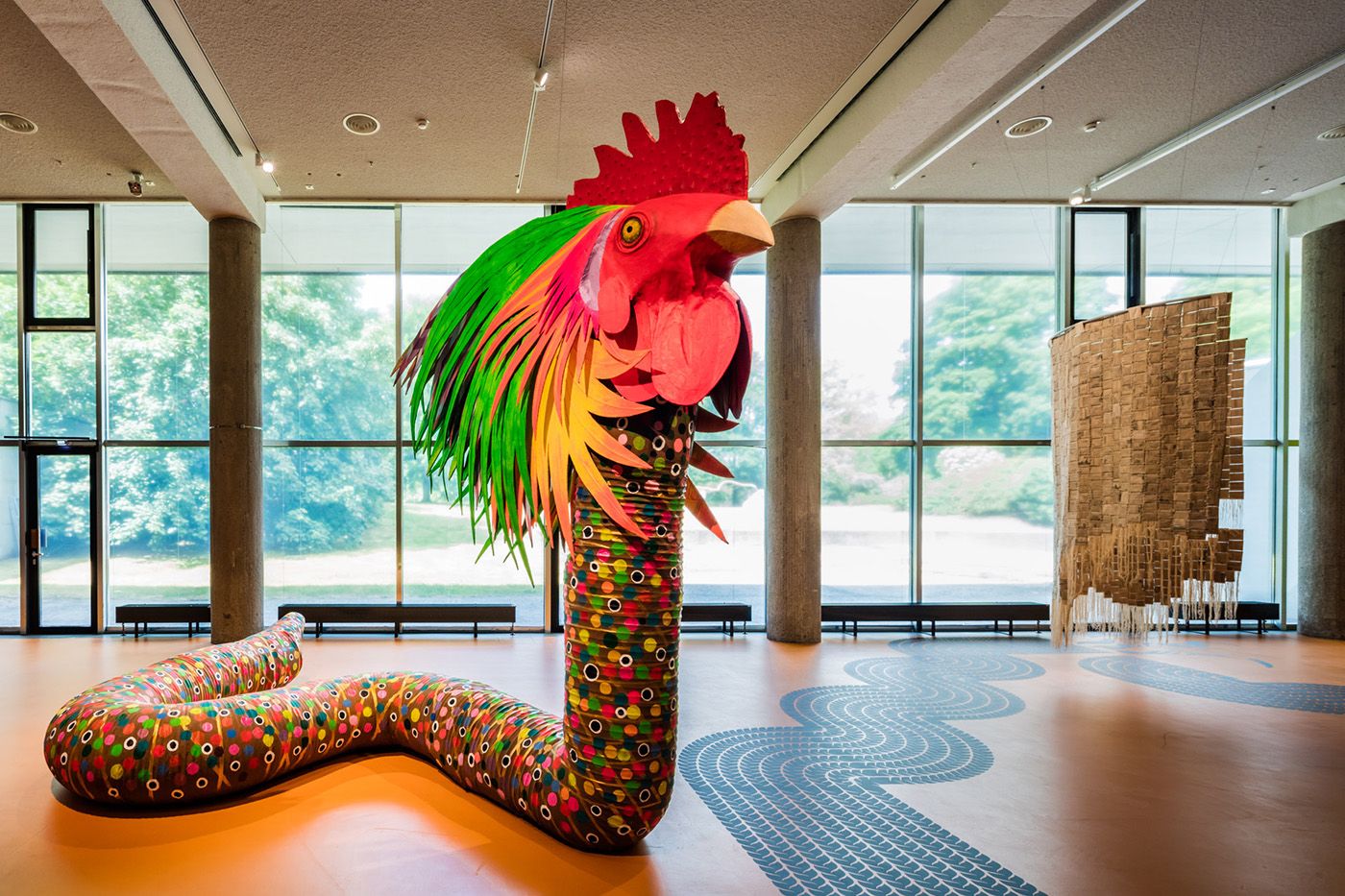 Bernardo Oyarzún, Kilombo: Piwuchen (2023), courtesy of the artist; Ange Dakouo, Imagine (2023), courtesy of the artist. Installation view of O Quilombismo: Of Resisting and Insisting. Of Flight as Fight. Of Other Democratic Egalitarian Political Philosophies, Haus der Kulturen der Welt (HKW), 2023. Photo: Laura Fiorio/HKW