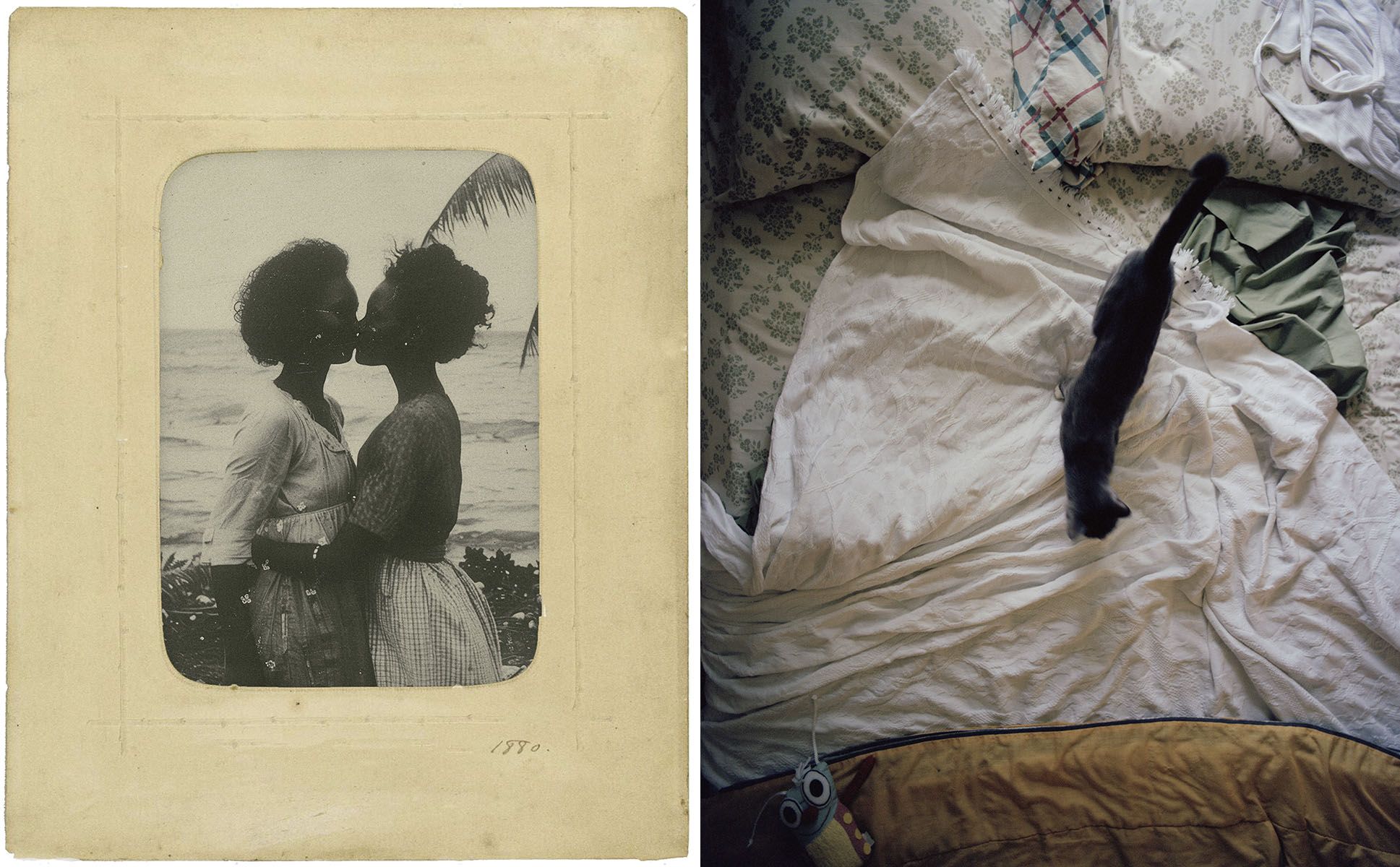 Left: Mayara Ferrão, The Kiss 20, From the series Unoblivions Albuns], 2024. Images generated by Artificial Intelligence, inkjet printing on cotton paper, 19 × 15 cm. Collection of the artist and Galeria Verve. Photo: Mayara Ferrão. Right: Tammy Rae Carland, Untitled #4, from the series Lesbian Beds, 2022. C-print on paper, 101,5 × 76 cm. Courtesy of the artist and Jessica Silverman. Photo: Tammy Rae Carland