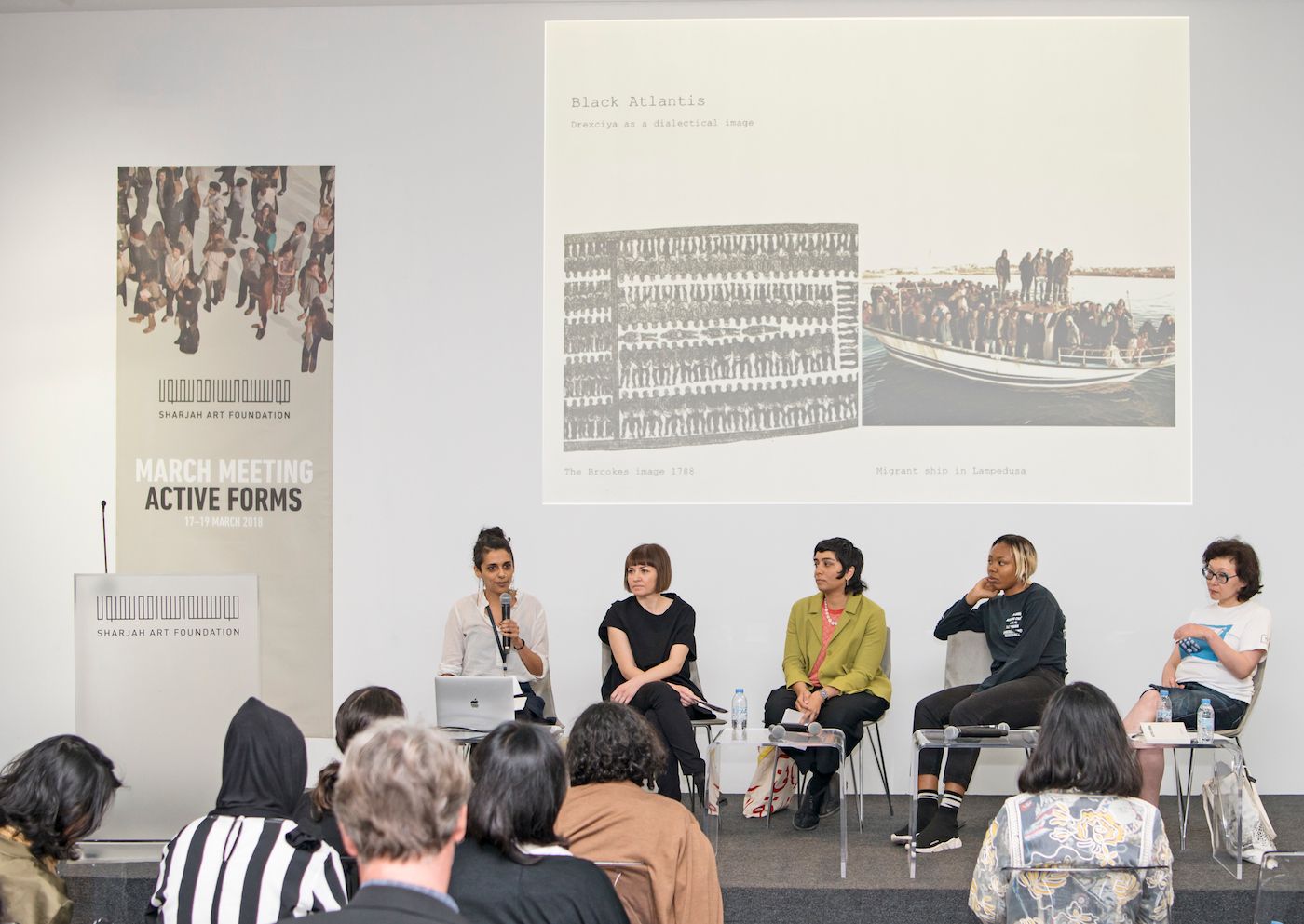 You send me, panel discussion with Monira Al Qadiri (artist), Almagul Menlibayeva (artist), Larissa Sansour (artist), Martine Syms (artist), Moderated by Ayesha Hameed (artist and Lecturer, Visual Cultures, Goldsmiths College), 2018. Image courtesy of Sharjah Art Foundation.