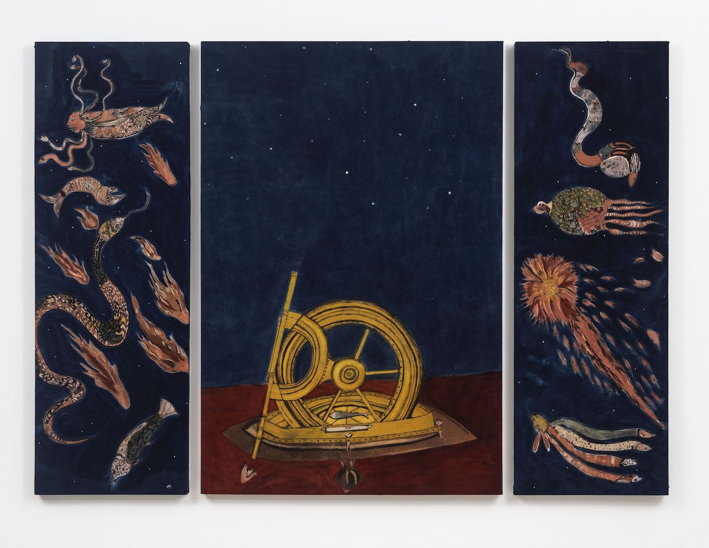 Lavanya Mani, Spectral Objects (From the Book of Wonders), 2019. Natural Dyes and Hand Embroidery on Cotton, Fabric, visual art / textile painting, 183 x 305 cm (Triptych). Photo: Anil Rane, courtesy: the artist and Chemould Prescott.