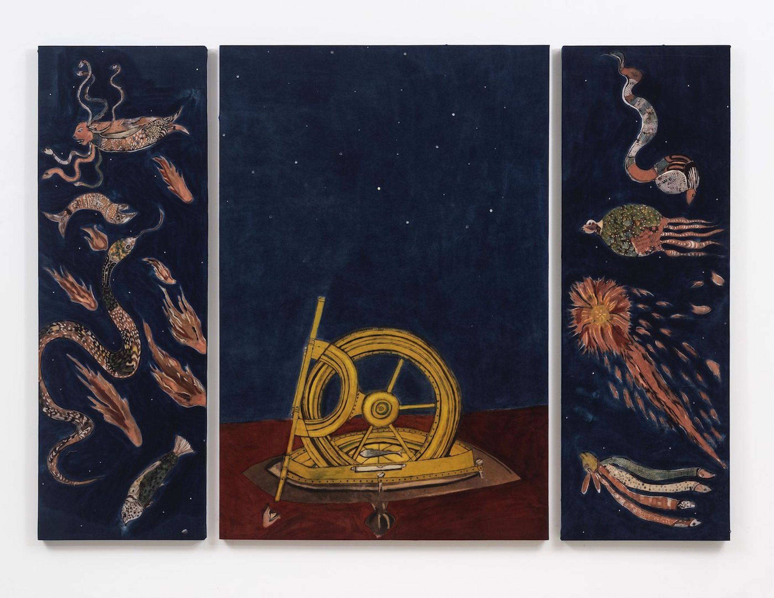 Lavanya Mani, Spectral Objects (From the Book of Wonders), 2019. Natural Dyes and Hand Embroidery on Cotton, Fabric, visual art / textile painting, 183 x 305 cm (Triptych). Photo: Anil Rane, courtesy: the artist and Chemould Prescott.