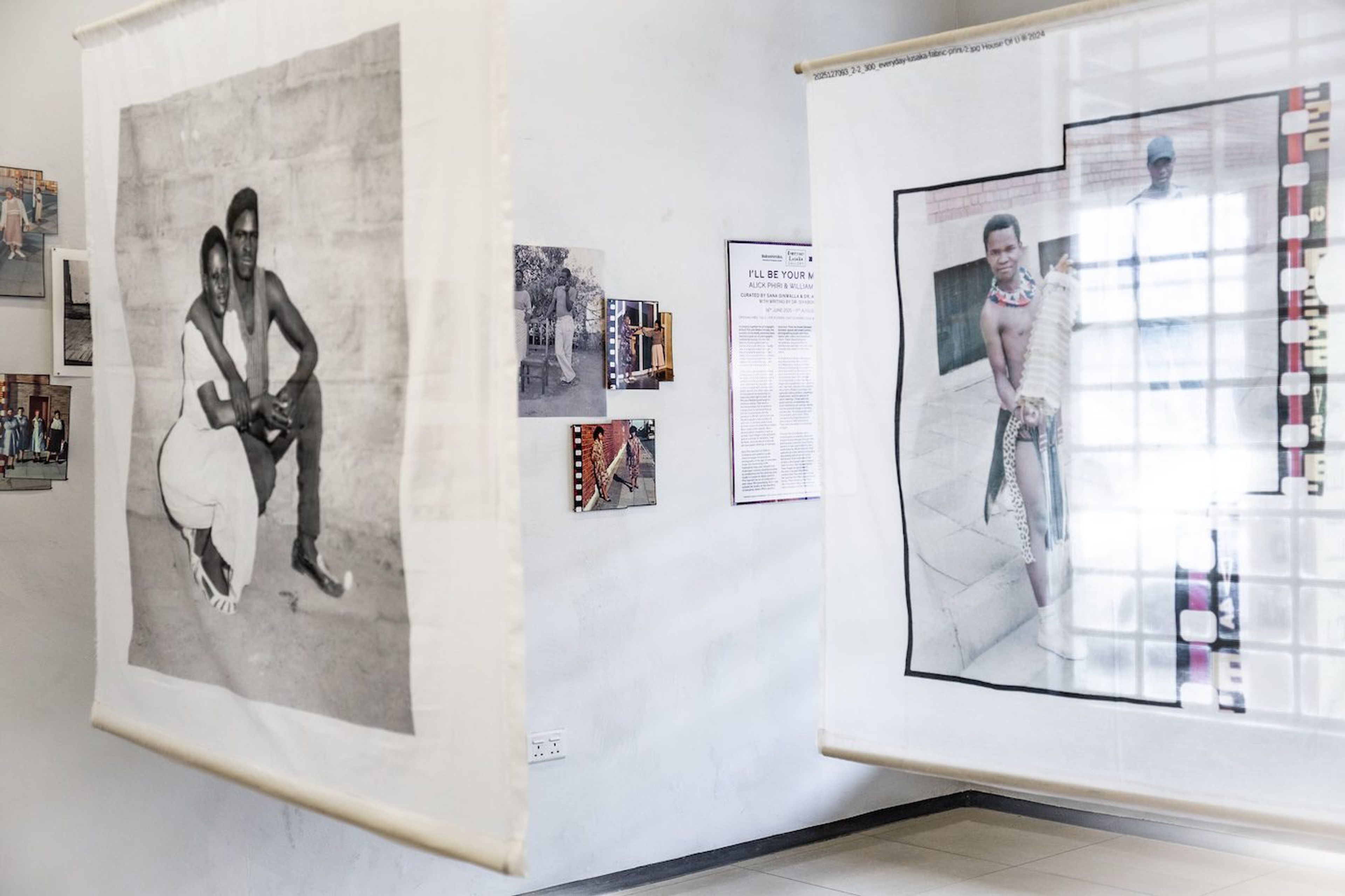 Installation view “I’ll Be Your Mirror”, Artists: Alick Phiri &amp; William Matlala, Everyday Lusaka Gallery, Lusaka 2025. Alick Phiri artworks: Monoprints on Canvas and Monoprints on Paper, Digital Prints on Fabric. William Matlala artworks: Digital prints on paper, Digital Prints on Fabric. Photo Courtesy of Maingaila Muvundika.